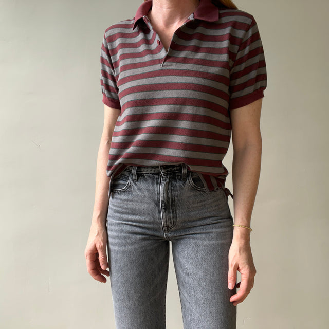 1980s Burgundy And Grey Striped Polo Style T Shirt