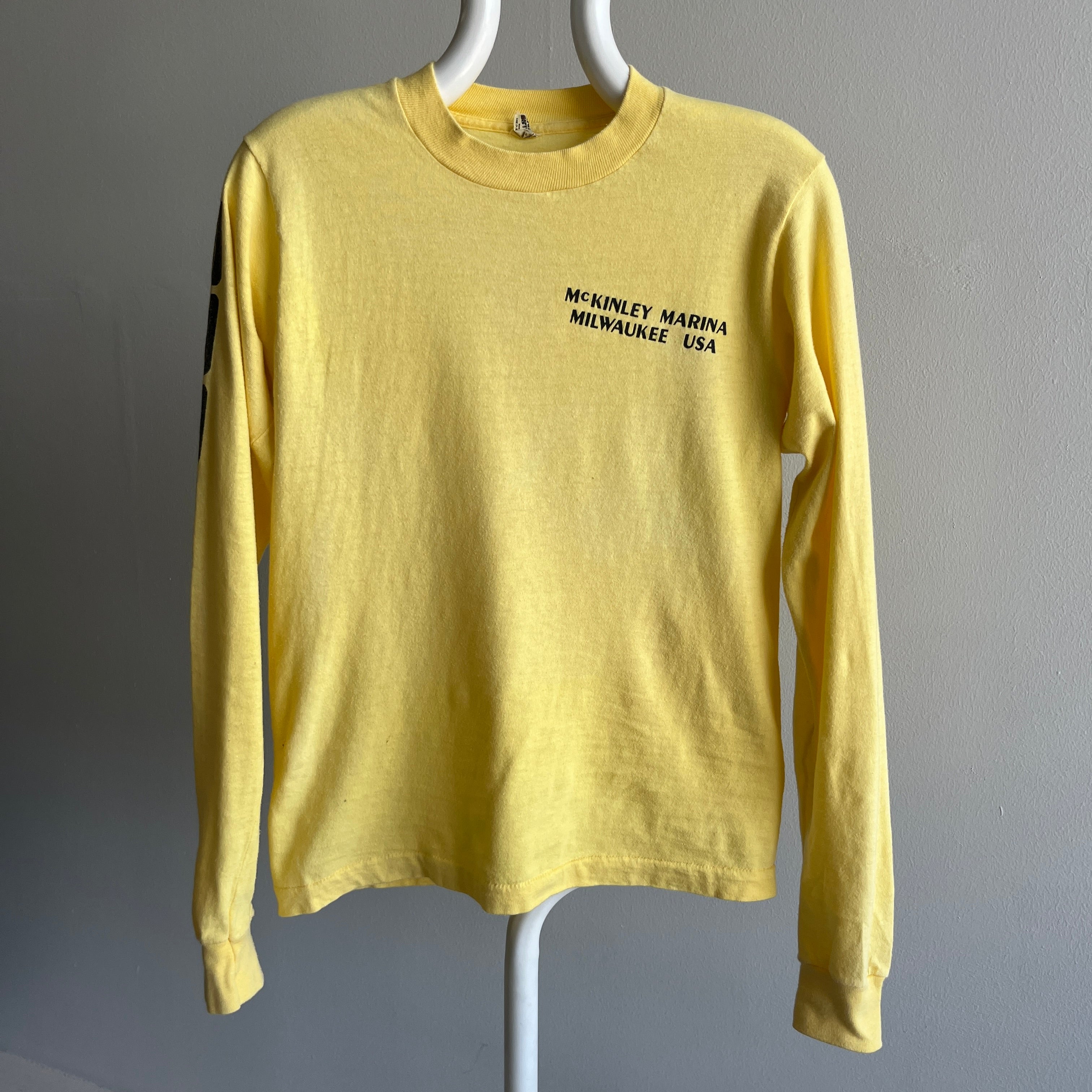 1980s McKinley Marina, Milwaukee Front, Side and Back Long Sleeve Super Soft Cotton T-Shirt