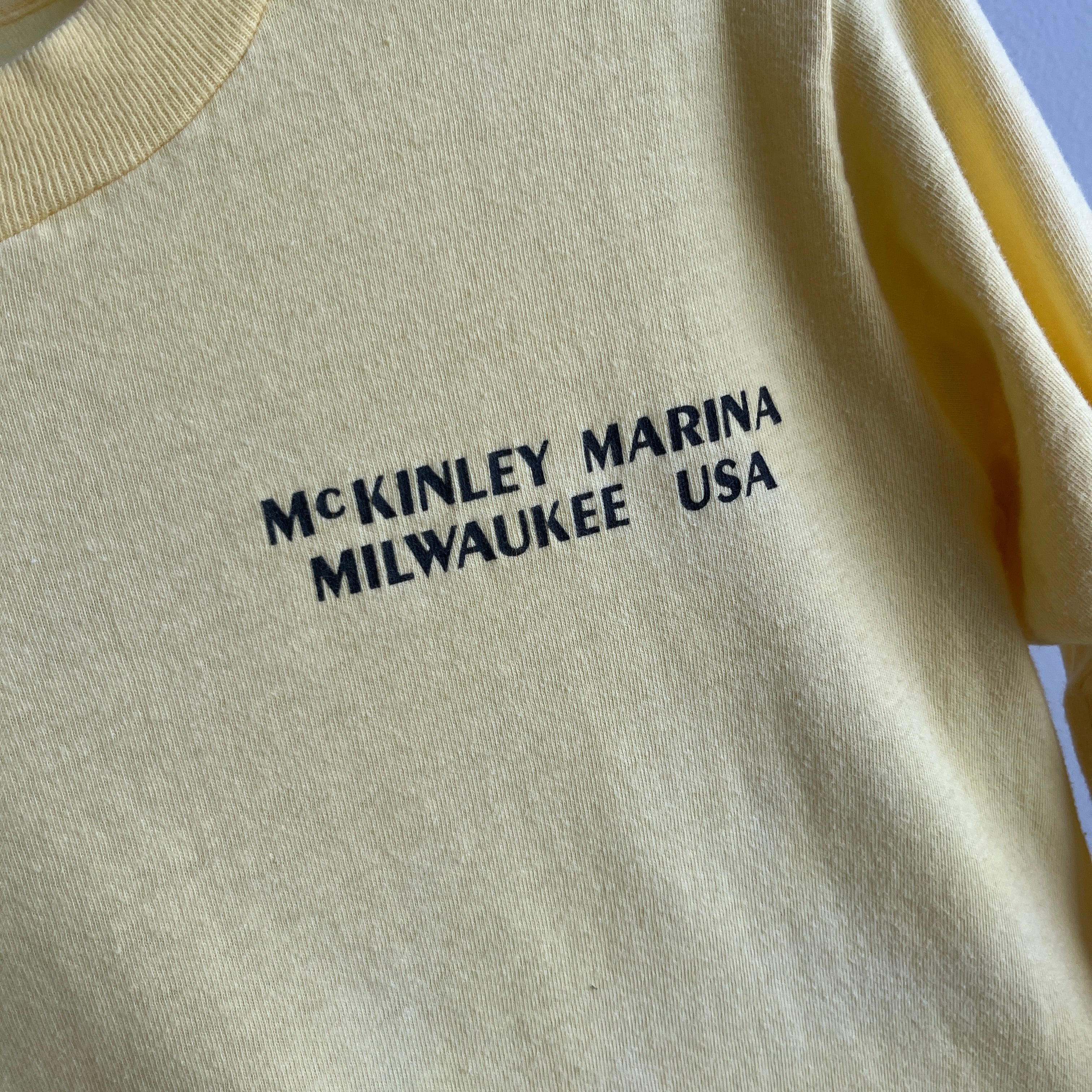 1980s McKinley Marina, Milwaukee Front, Side and Back Long Sleeve Super Soft Cotton T-Shirt