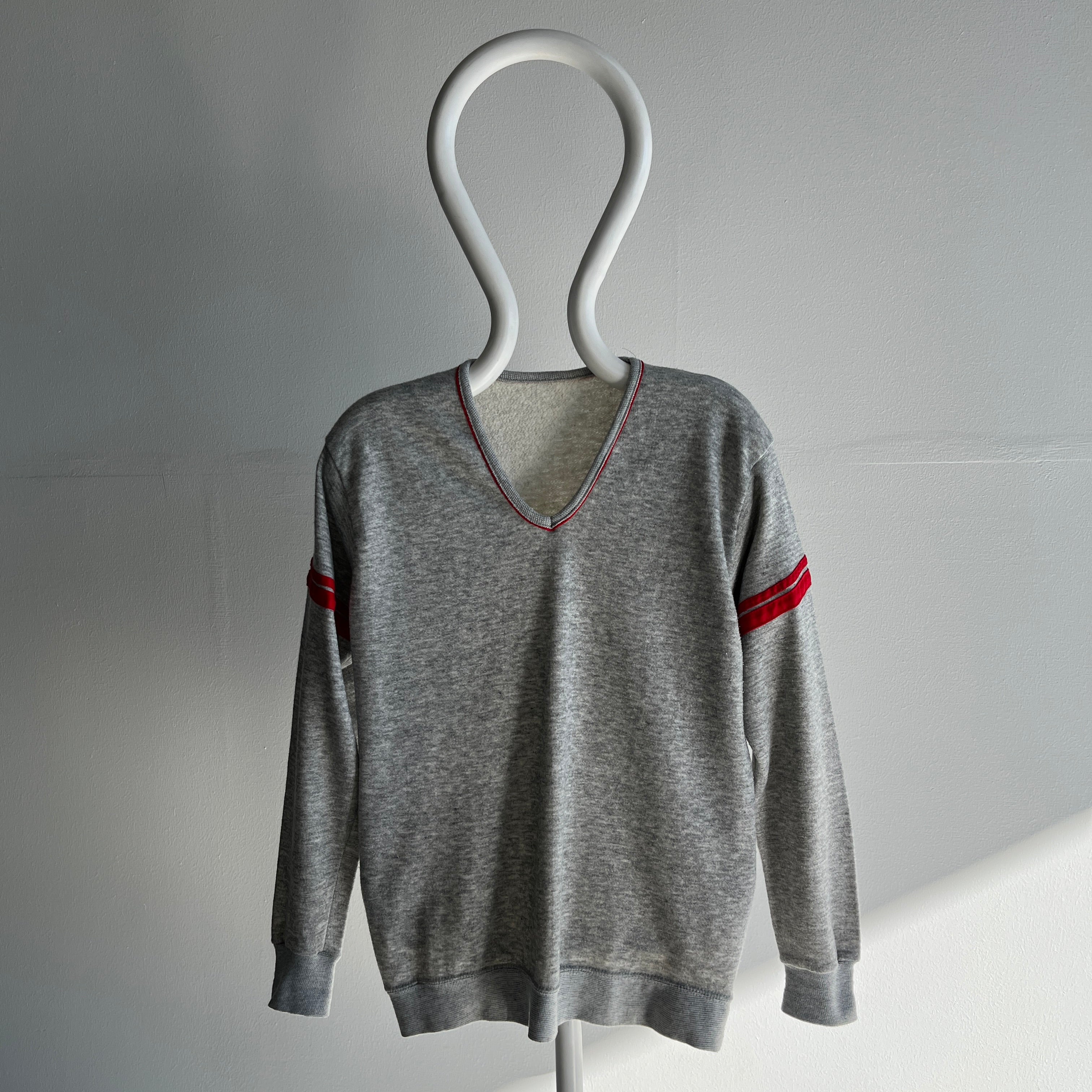 1980s Super Cool Gray and Red V-Neck Sweatshirt