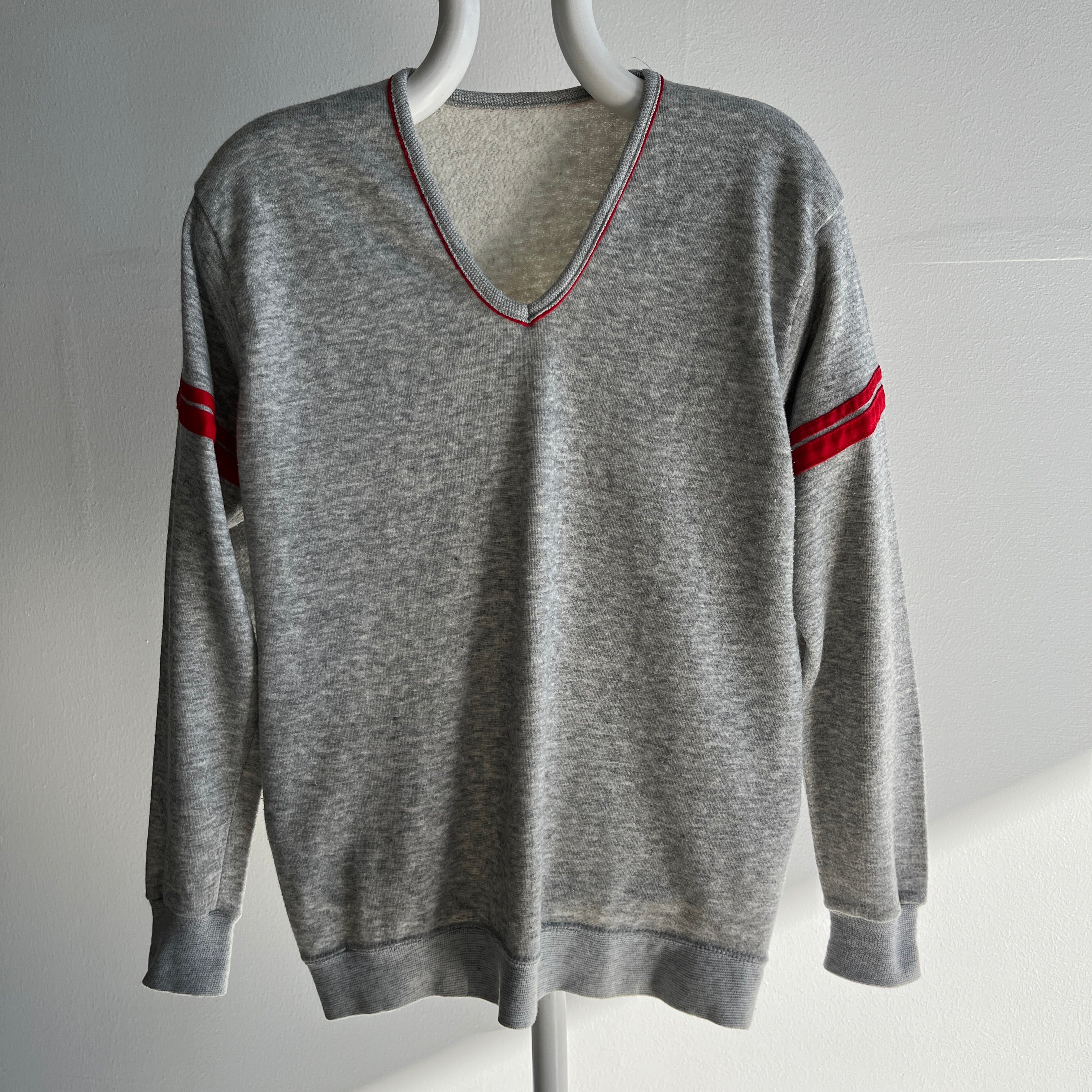 1980s Super Cool Gray and Red V-Neck Sweatshirt
