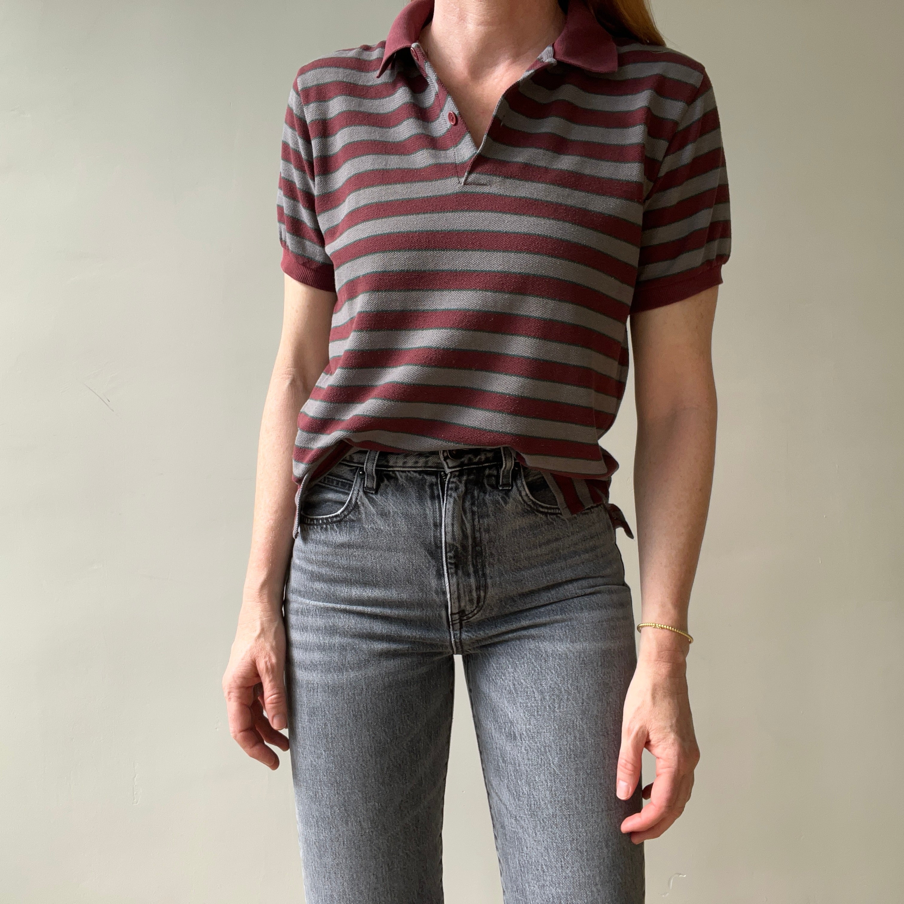 1980s Burgundy And Grey Striped Polo Style T Shirt