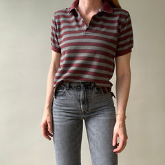 1980s Burgundy And Grey Striped Polo Style T Shirt
