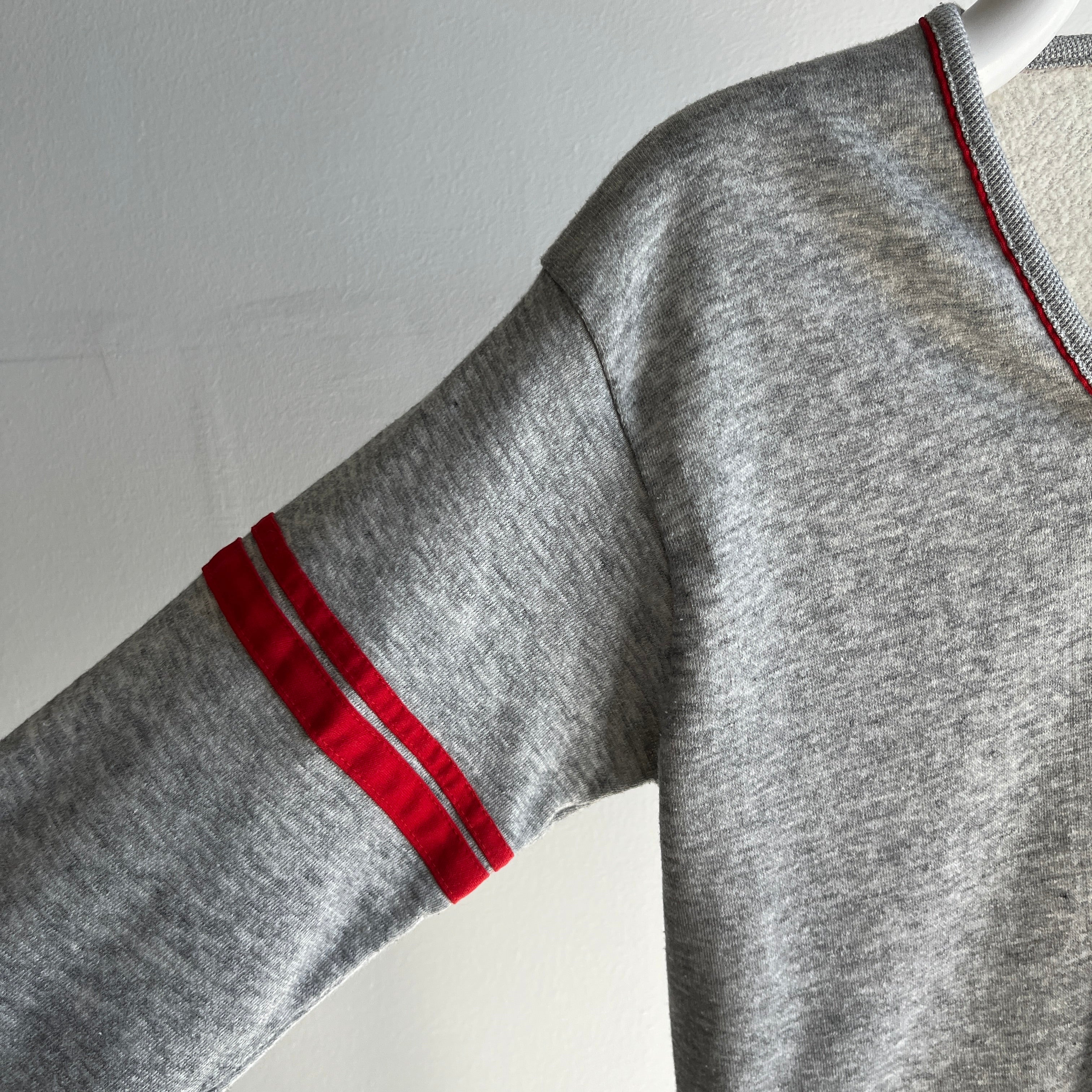 1980s Super Cool Gray and Red V-Neck Sweatshirt