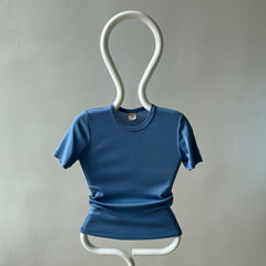 1970/80s Made in France Nylon Stretchy Fitted Sky Blue T-Shirt - Great for Layering