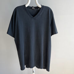 1990s Nicely Tattered and Torn Faded Black V-Neck - 100% Cotton
