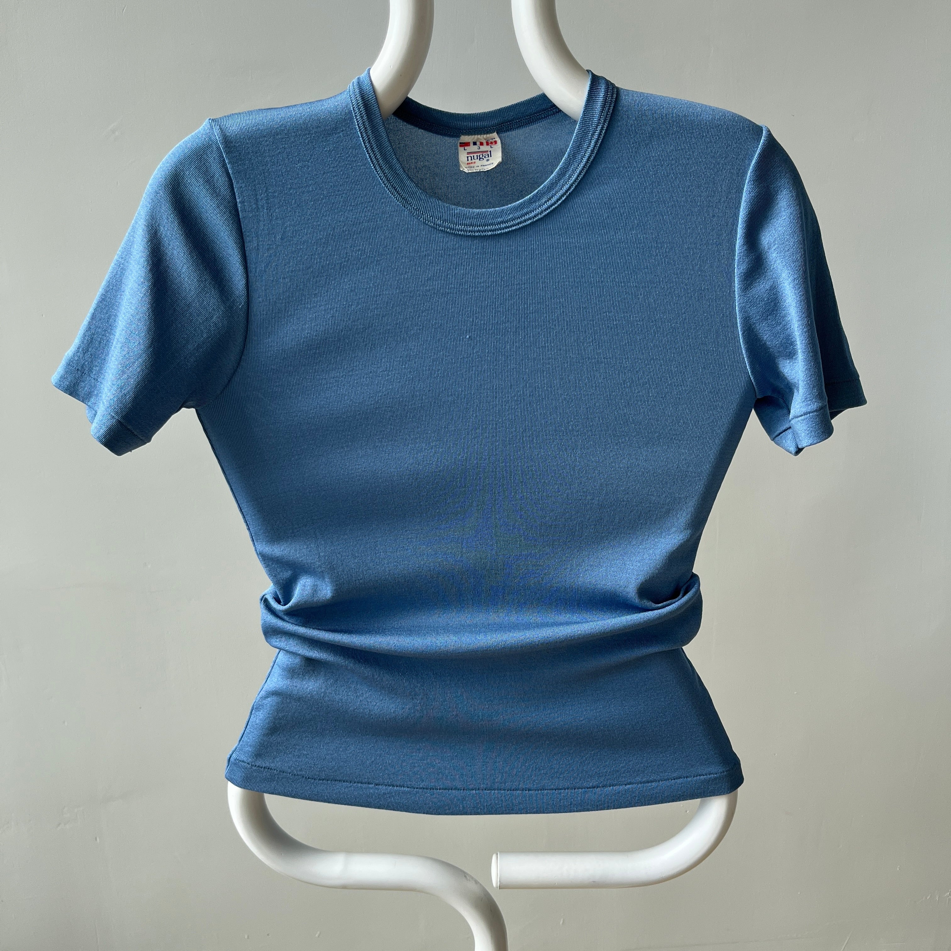 1970/80s Made in France Nylon Stretchy Fitted Sky Blue T-Shirt - Great for Layering