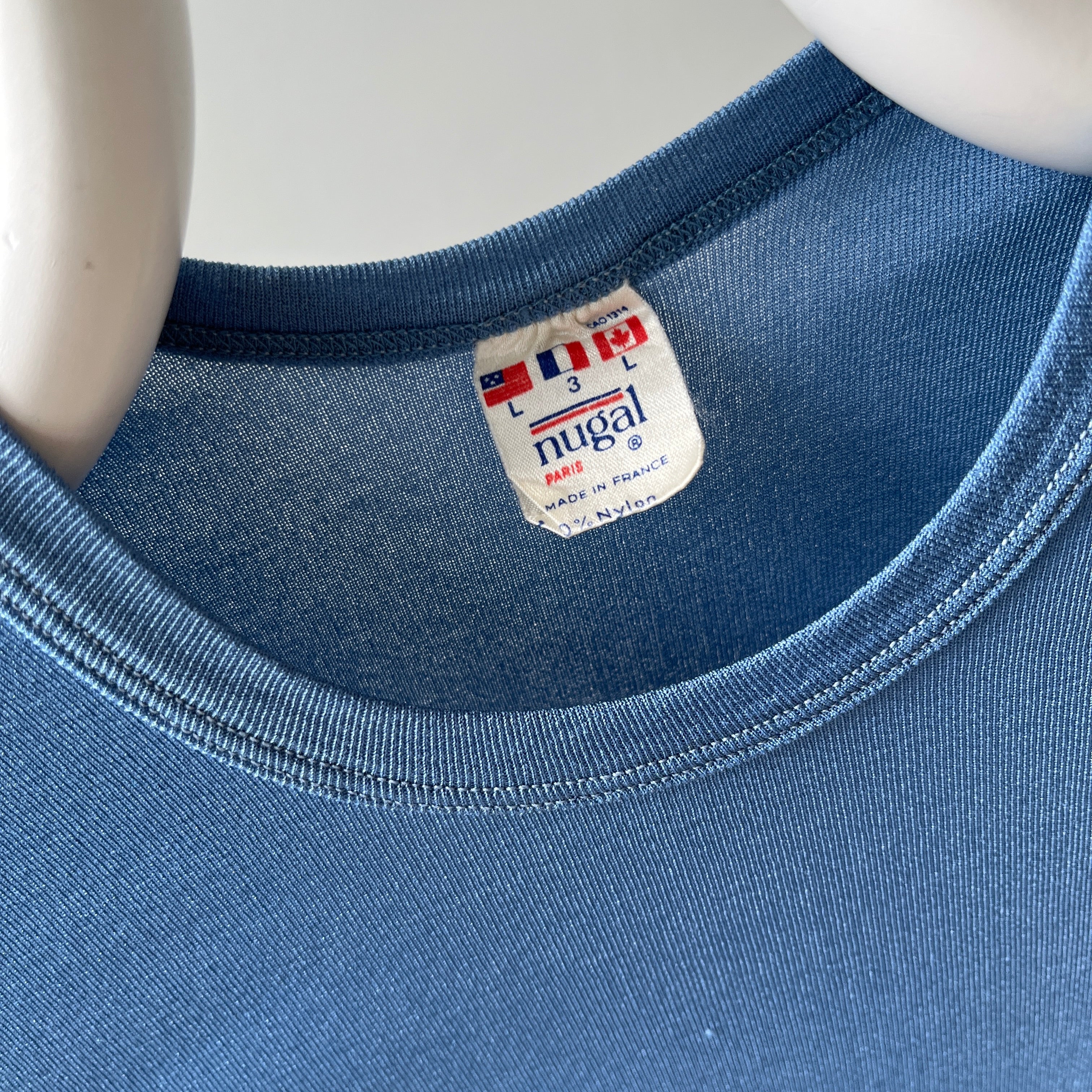 1970/80s Made in France Nylon Stretchy Fitted Sky Blue T-Shirt - Great for Layering