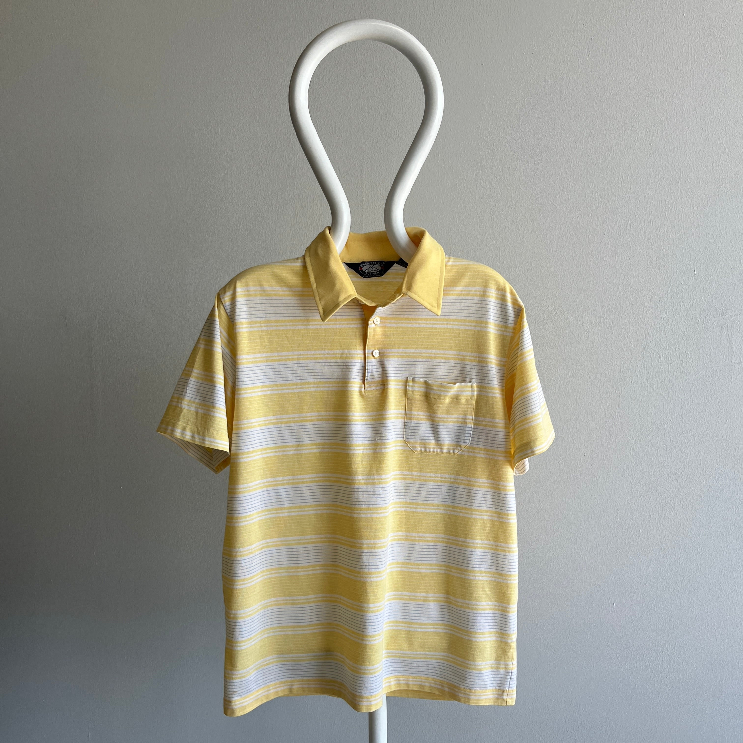 1980s Striped Pastel Yellow and White (ok, and gray) Golf Polo Shirt