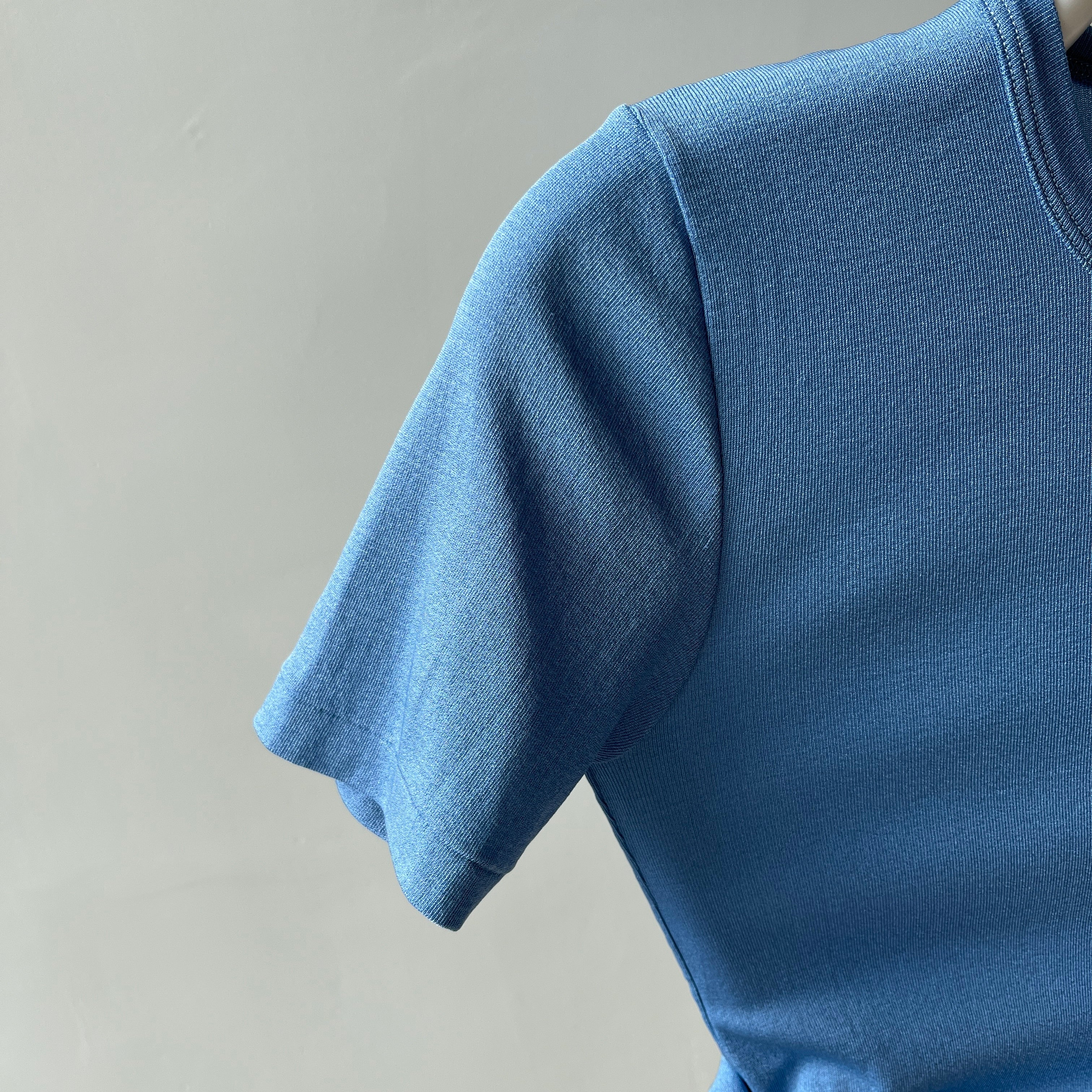 1970/80s Made in France Nylon Stretchy Fitted Sky Blue T-Shirt - Great for Layering