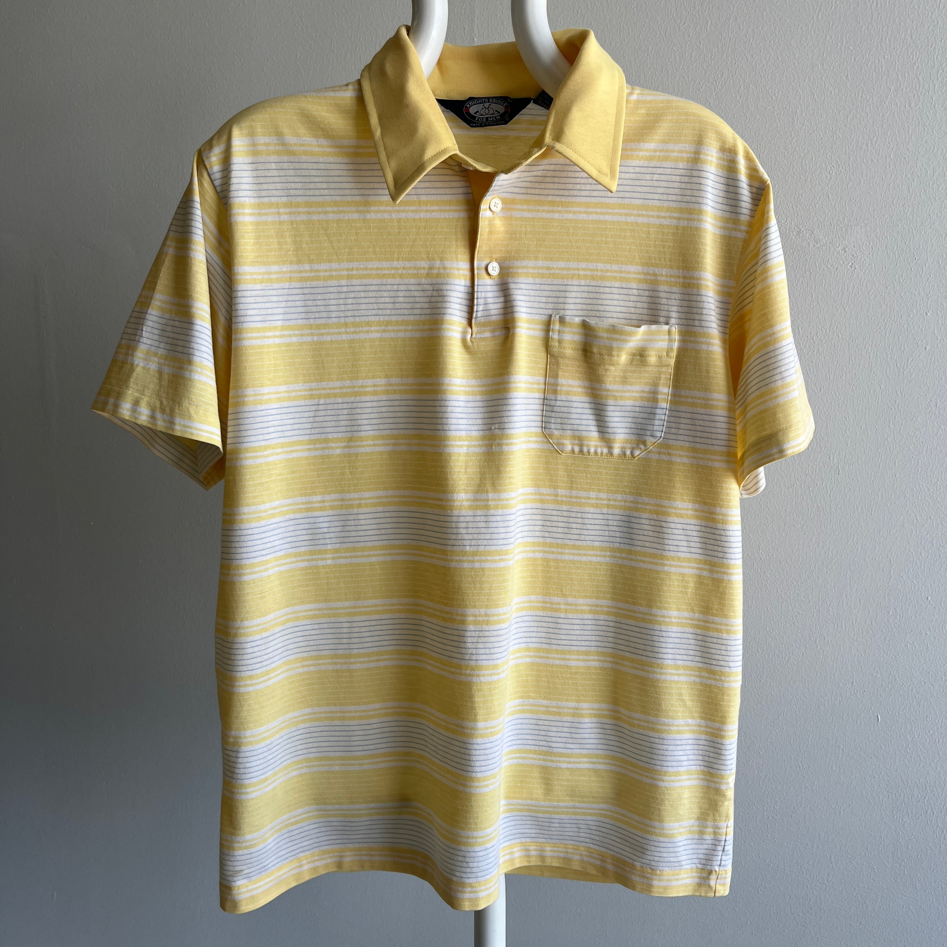 1980s Striped Pastel Yellow and White (ok, and gray) Golf Polo Shirt