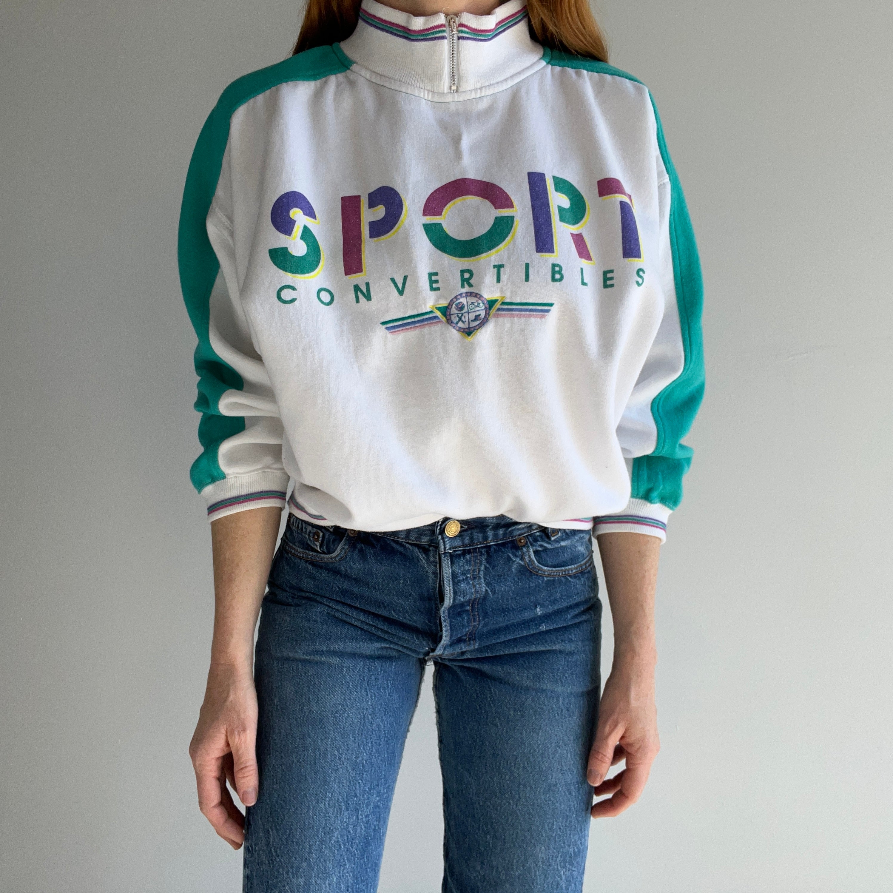 1980s Sport Convertibles Mock Neck Color Block Sweatshirt