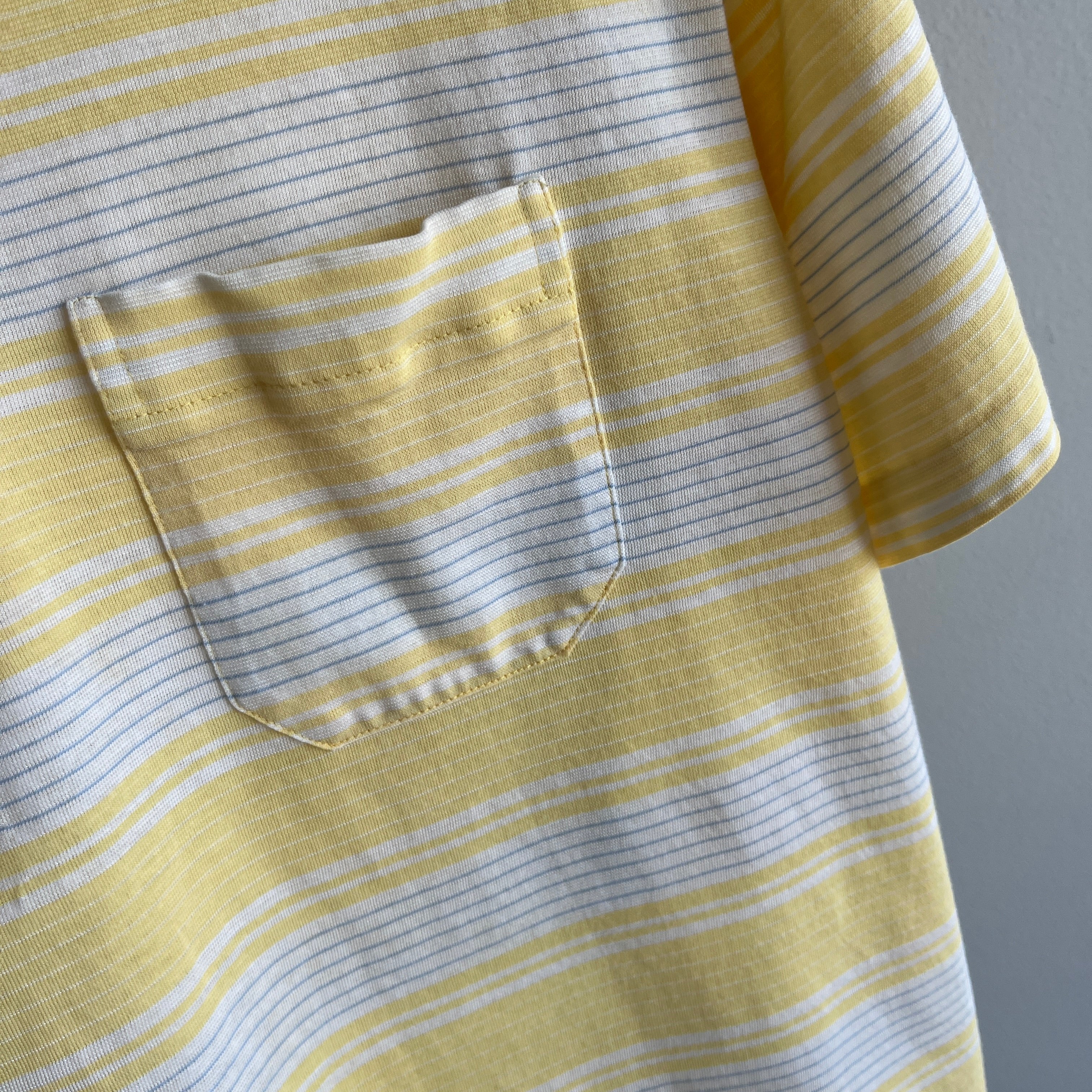 1980s Striped Pastel Yellow and White (ok, and gray) Golf Polo Shirt