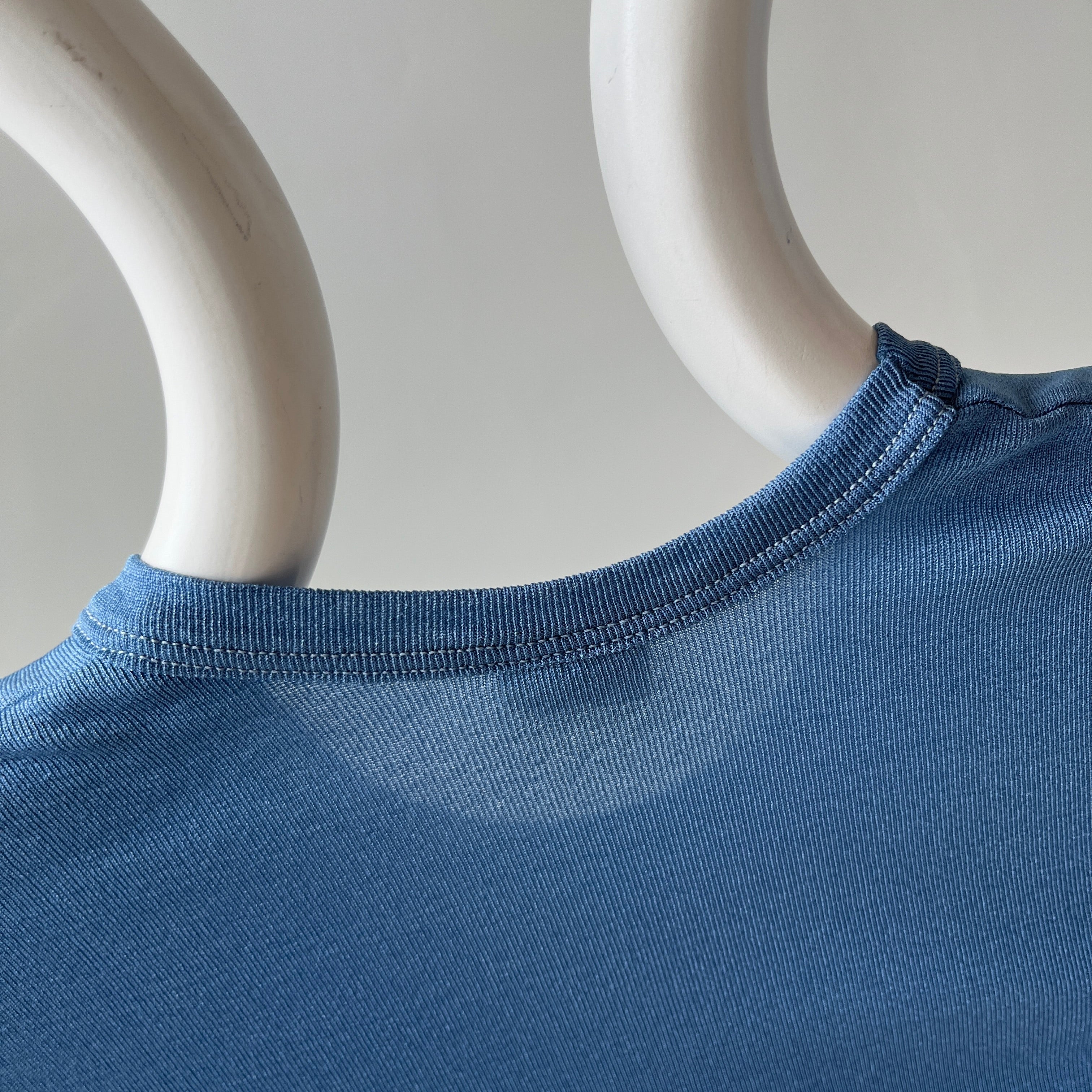 1970/80s Made in France Nylon Stretchy Fitted Sky Blue T-Shirt - Great for Layering