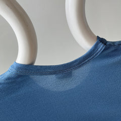 1970/80s Made in France Nylon Stretchy Fitted Sky Blue T-Shirt - Great for Layering