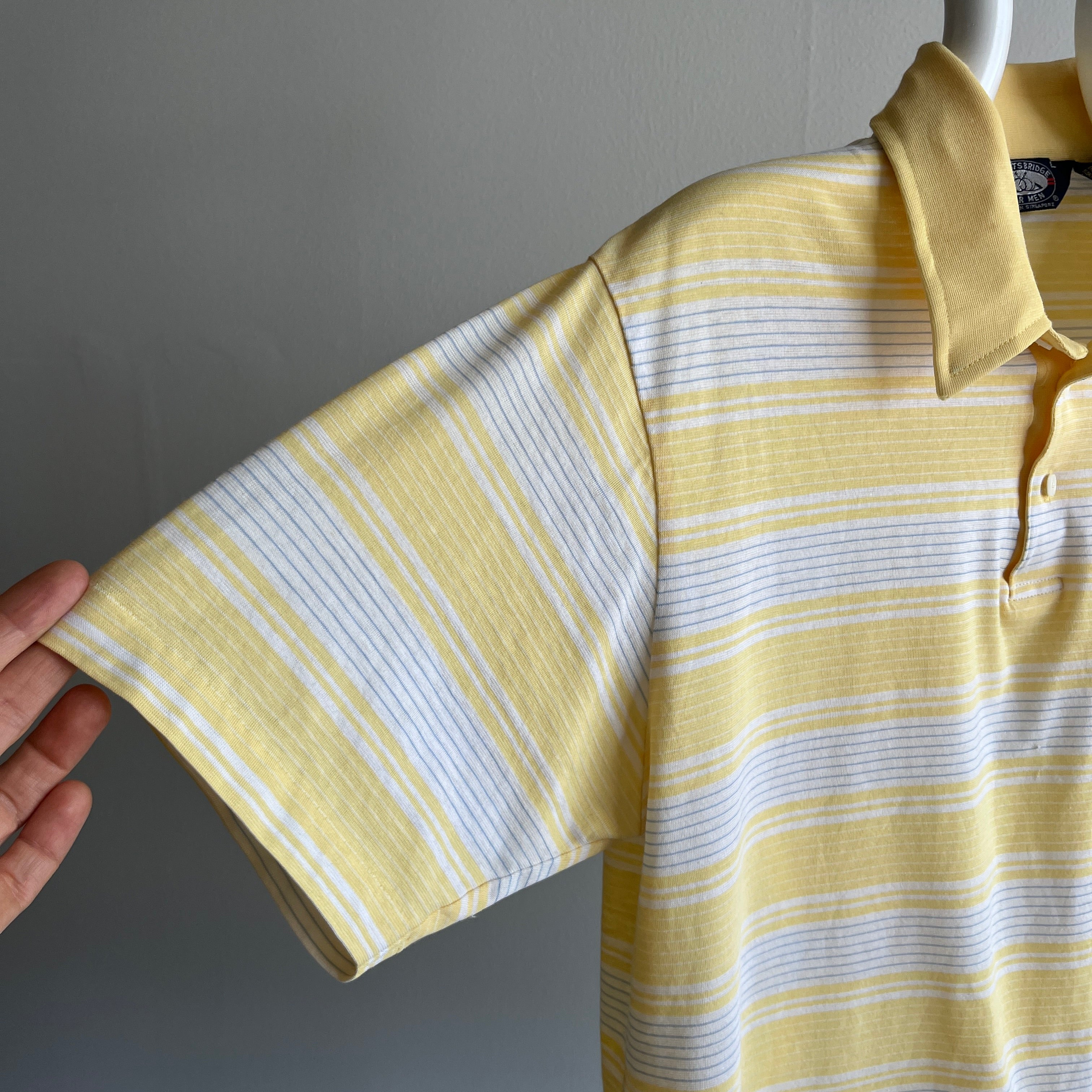 1980s Striped Pastel Yellow and White (ok, and gray) Golf Polo Shirt