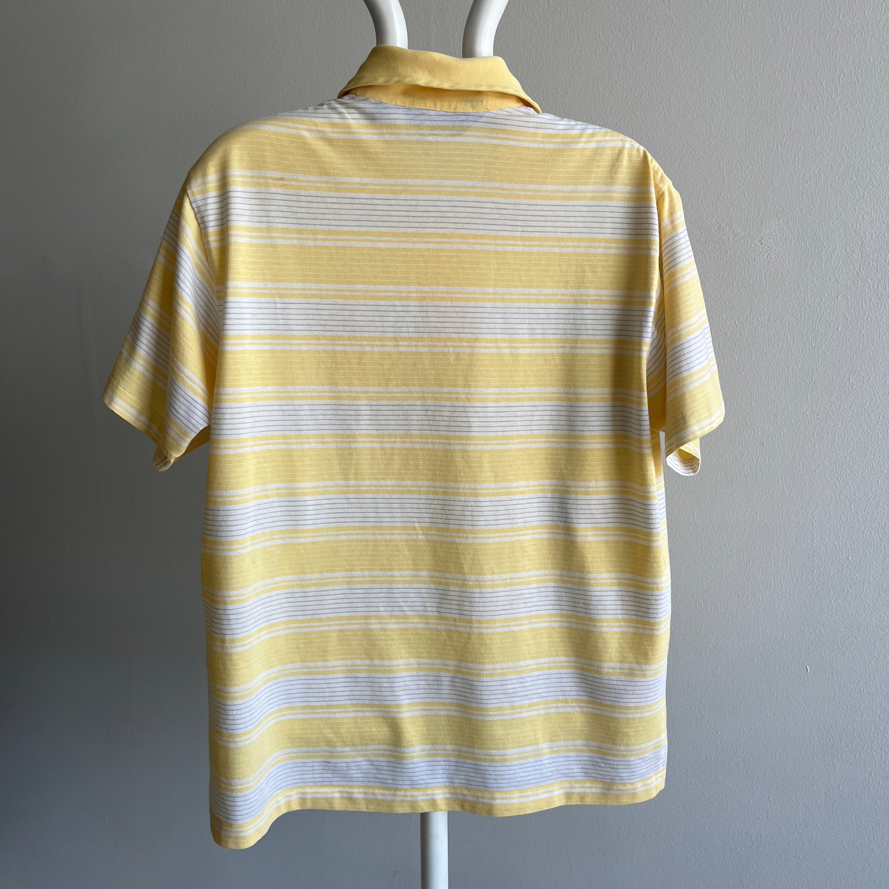 1980s Striped Pastel Yellow and White (ok, and gray) Golf Polo Shirt