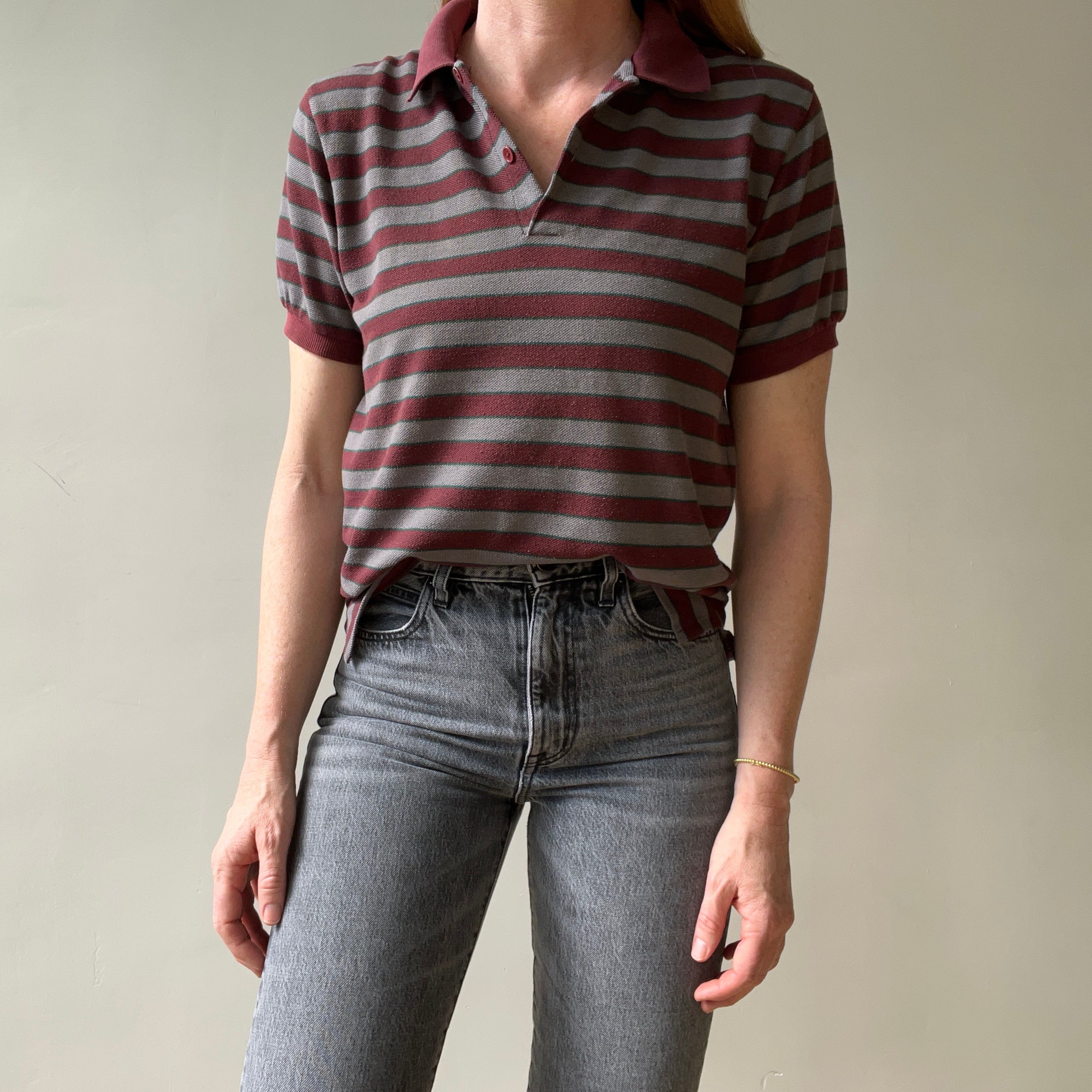 1980s Burgundy And Grey Striped Polo Style T Shirt