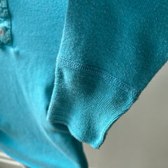 1980s Best Bright Blue Henley Long Johns Fitted Shirt