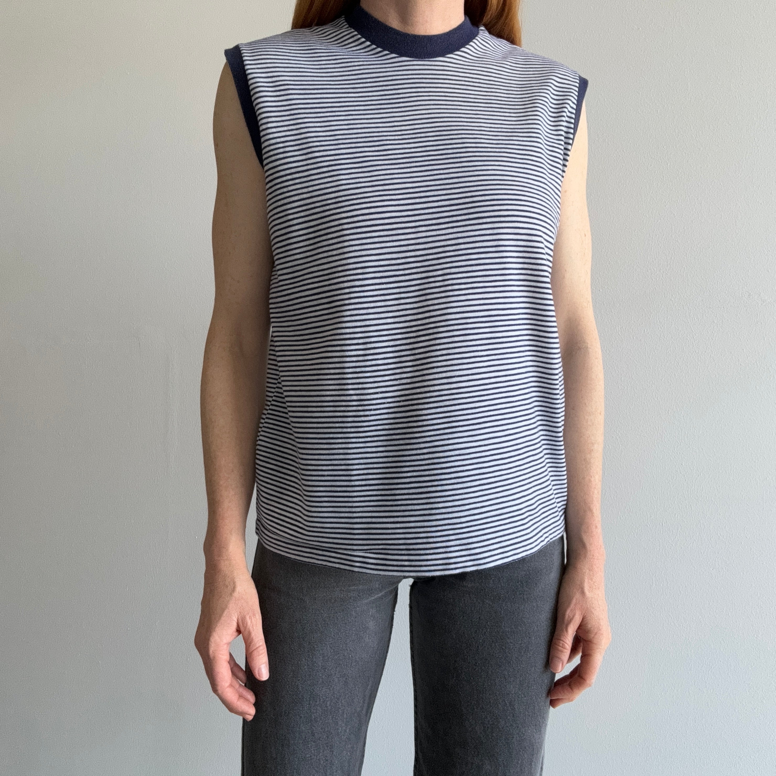 1970/80 Navy and White Striped Cotton Muscle Tank Top