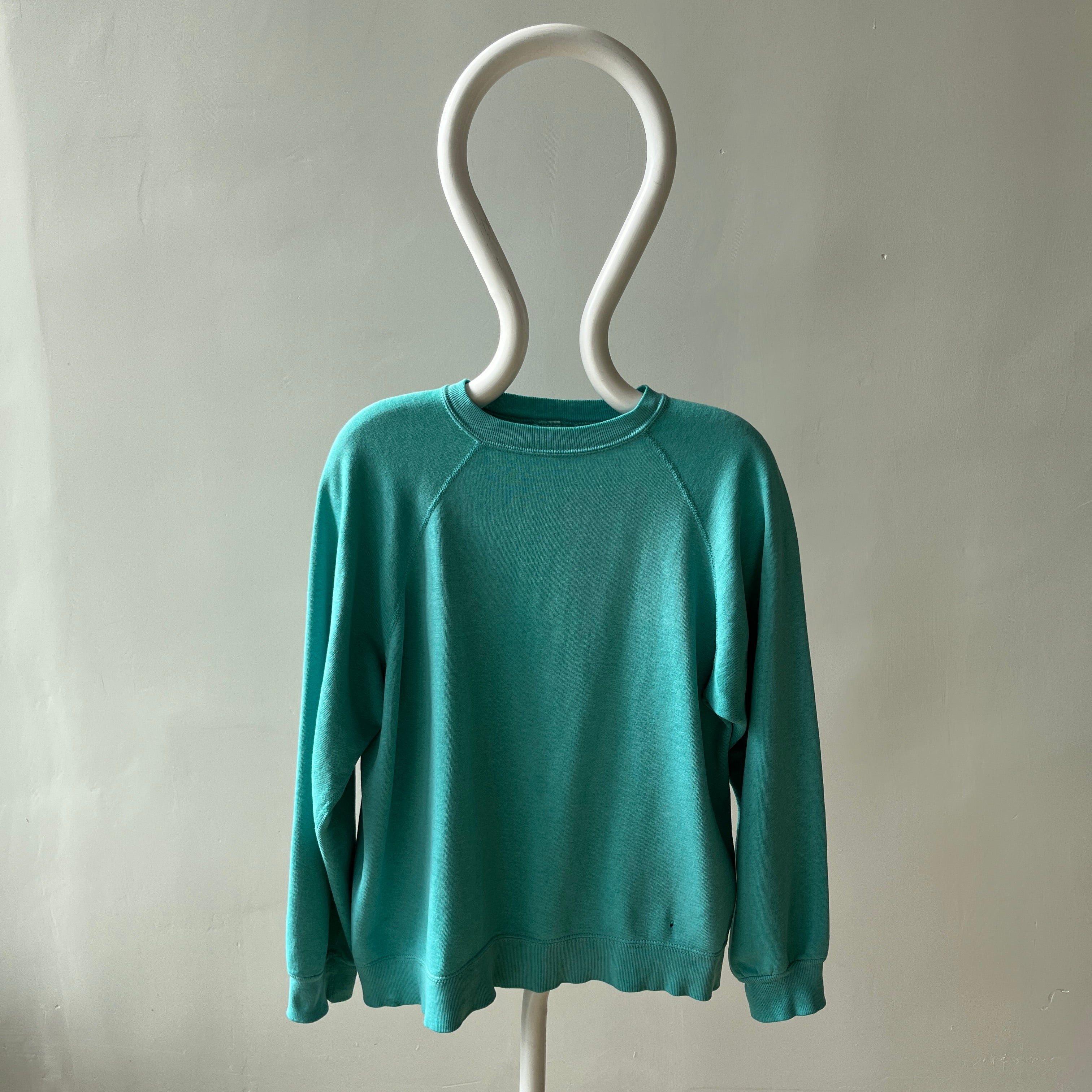 1980s Paper Thin Worn Out Sea Foam Blue Geen But Blue But Green Raglan Sweatshirt