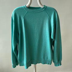 1980s Paper Thin Worn Out Sea Foam Blue Geen But Blue But Green Raglan Sweatshirt