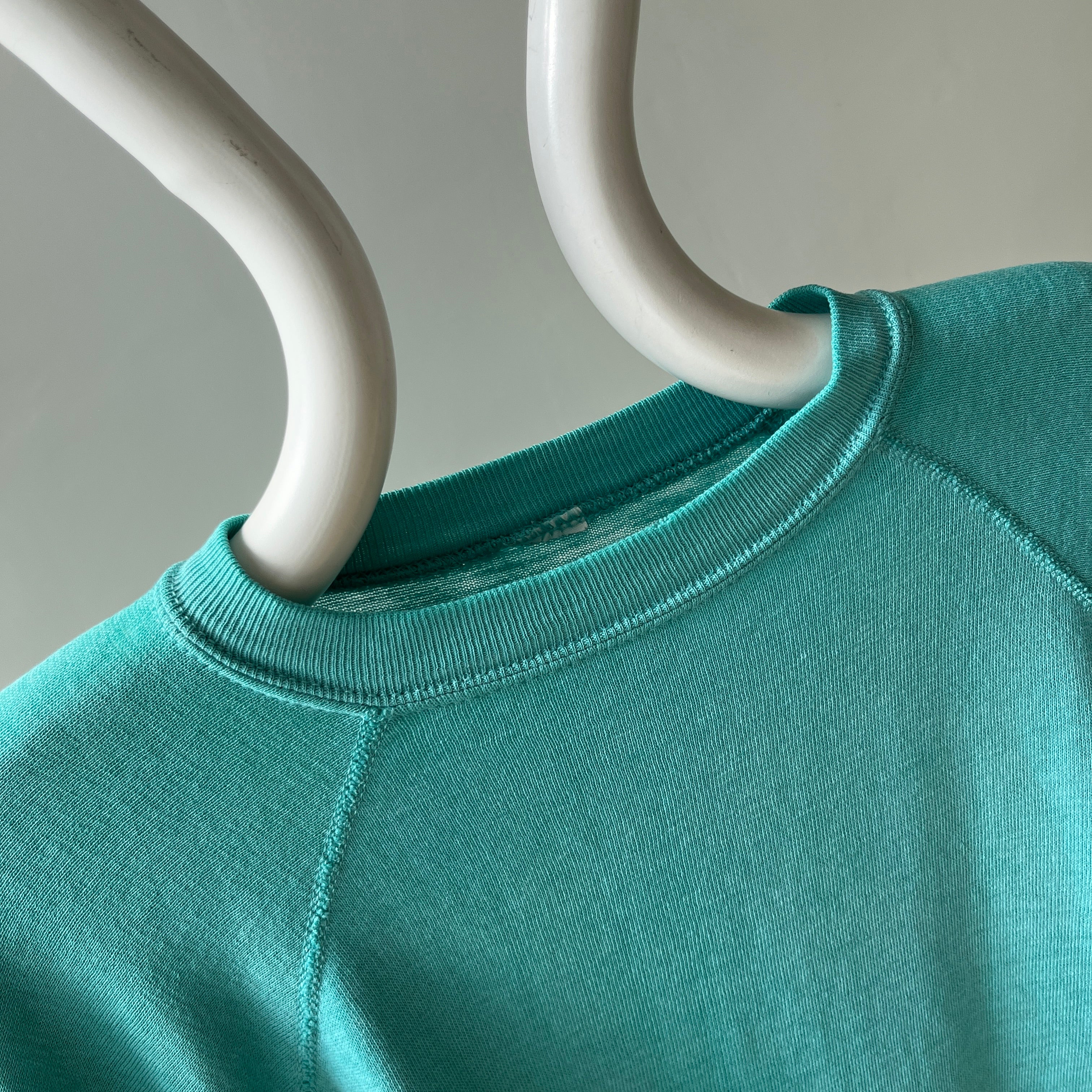 1980s Paper Thin Worn Out Sea Foam Blue Geen But Blue But Green Raglan Sweatshirt