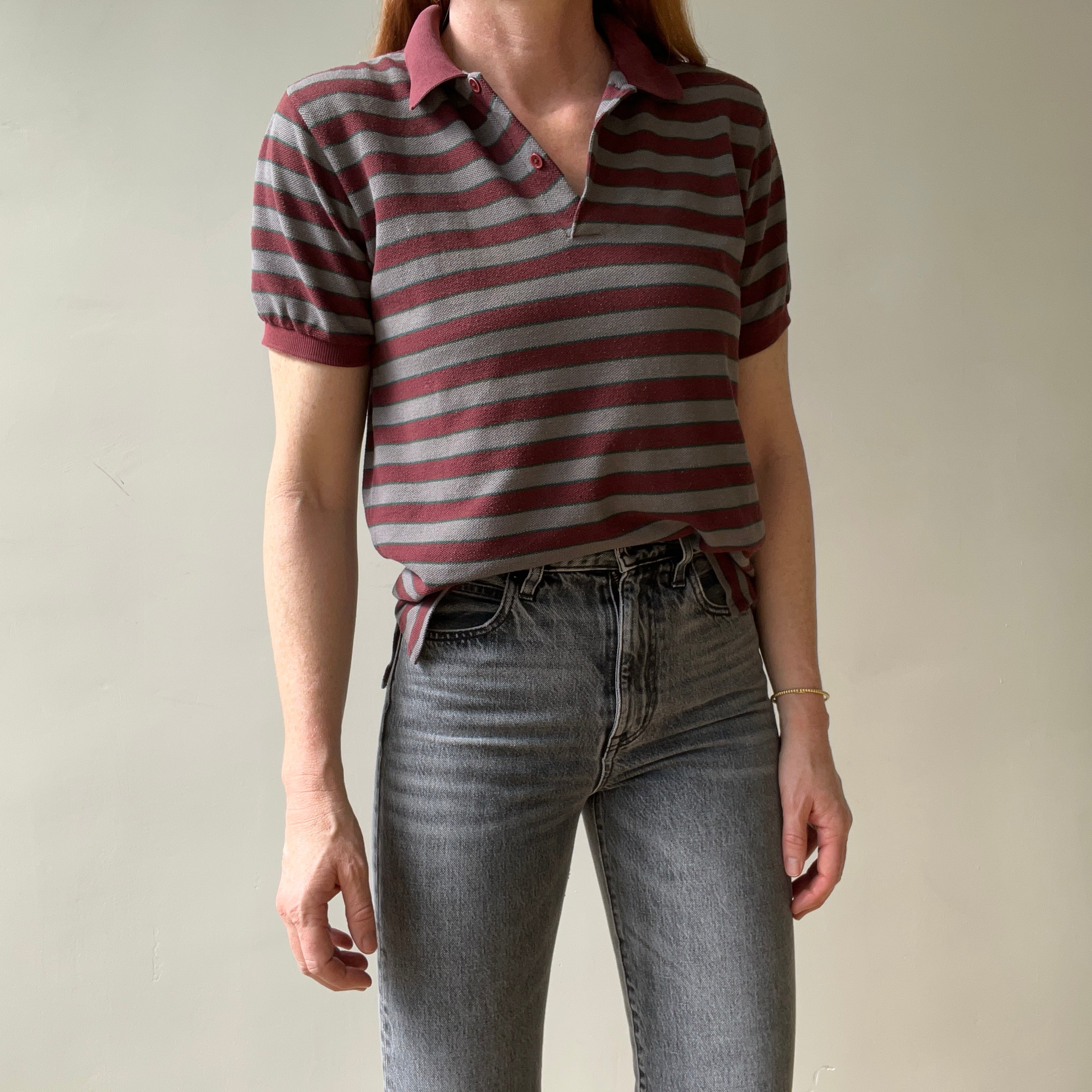 1980s Burgundy And Grey Striped Polo Style T Shirt