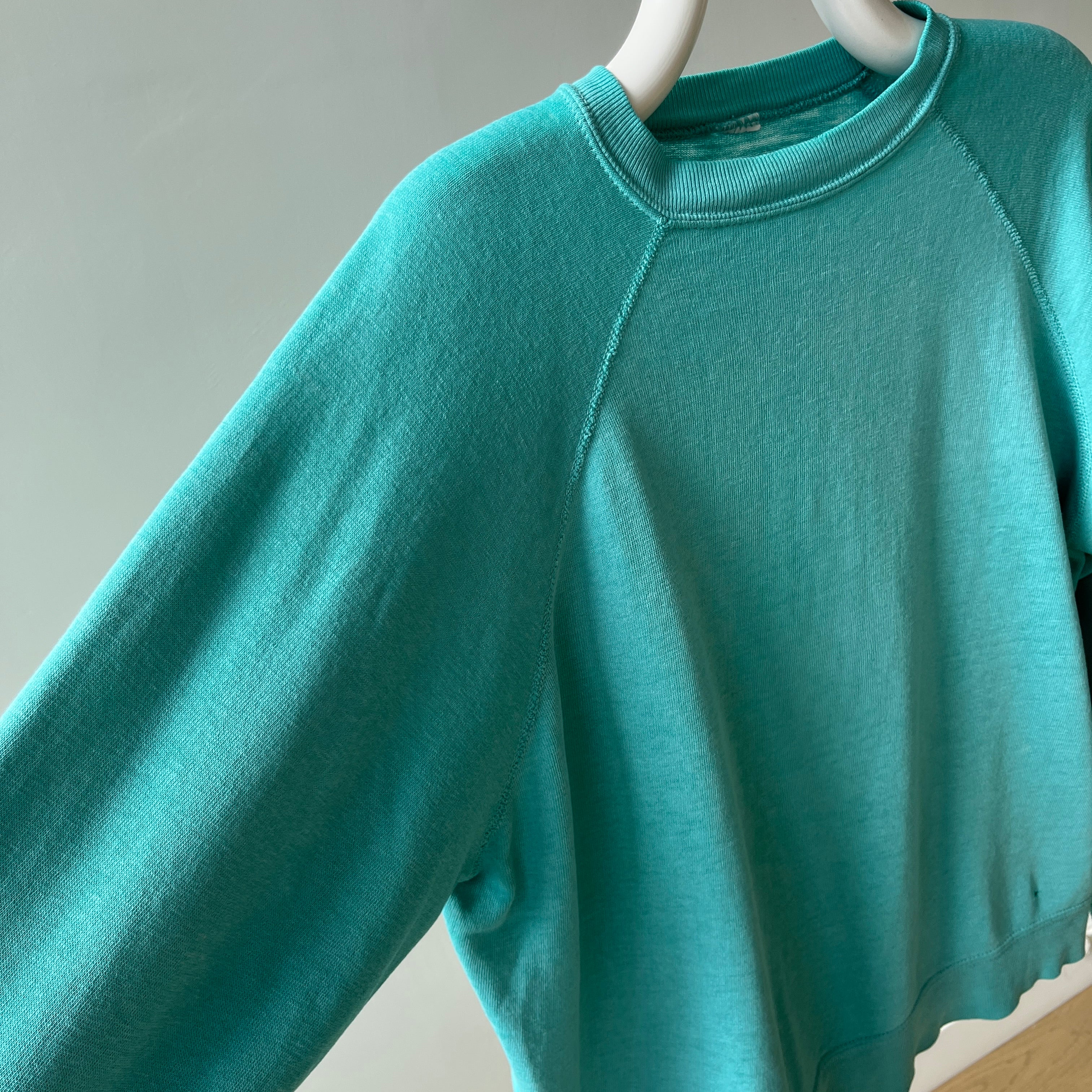 1980s Paper Thin Worn Out Sea Foam Blue Geen But Blue But Green Raglan Sweatshirt