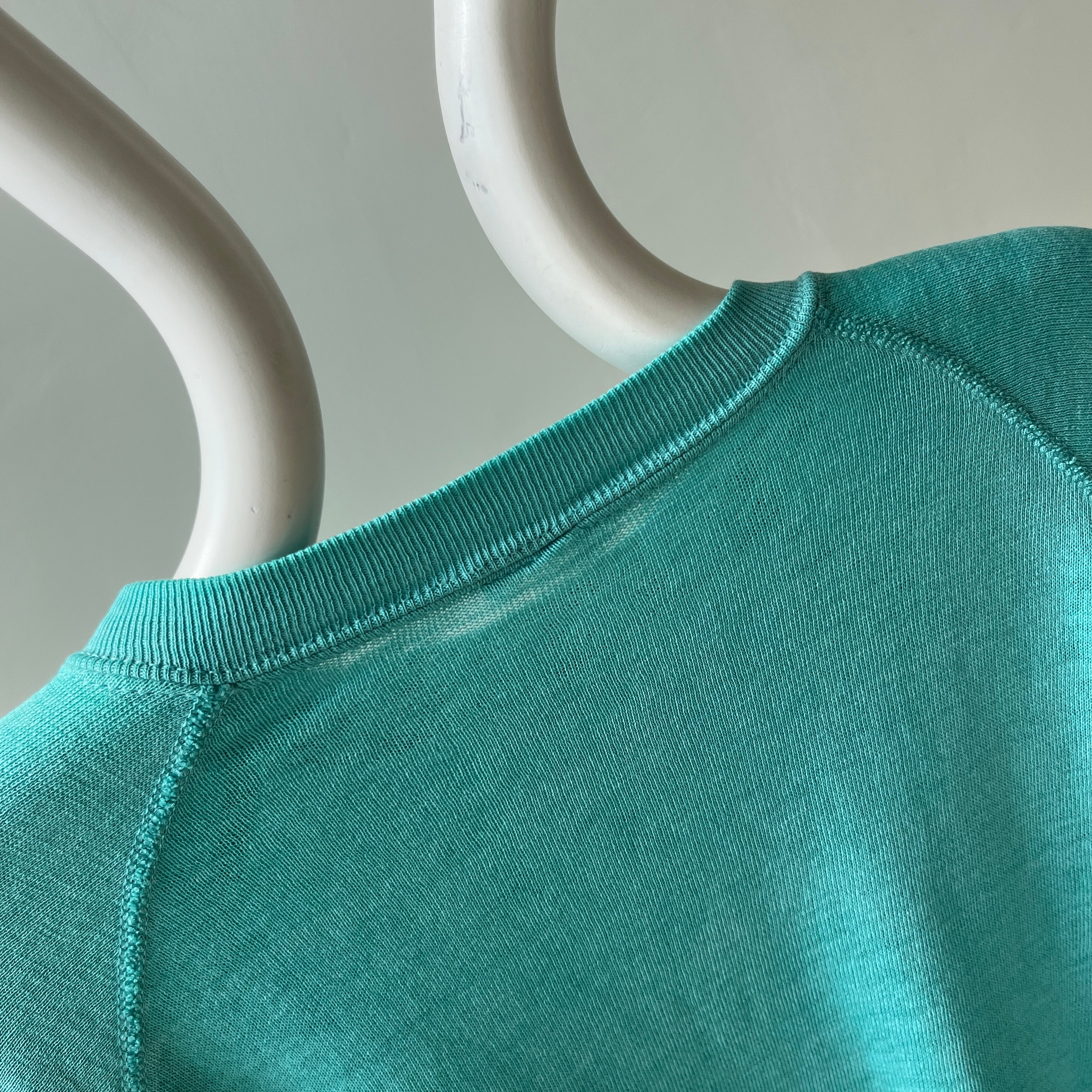 1980s Paper Thin Worn Out Sea Foam Blue Geen But Blue But Green Raglan Sweatshirt