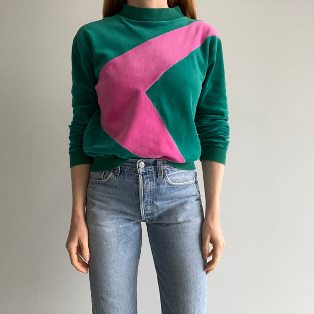 1980s Pink and Green Two Tone Velour Style Sweatshirt - THIS. IS. RAD.