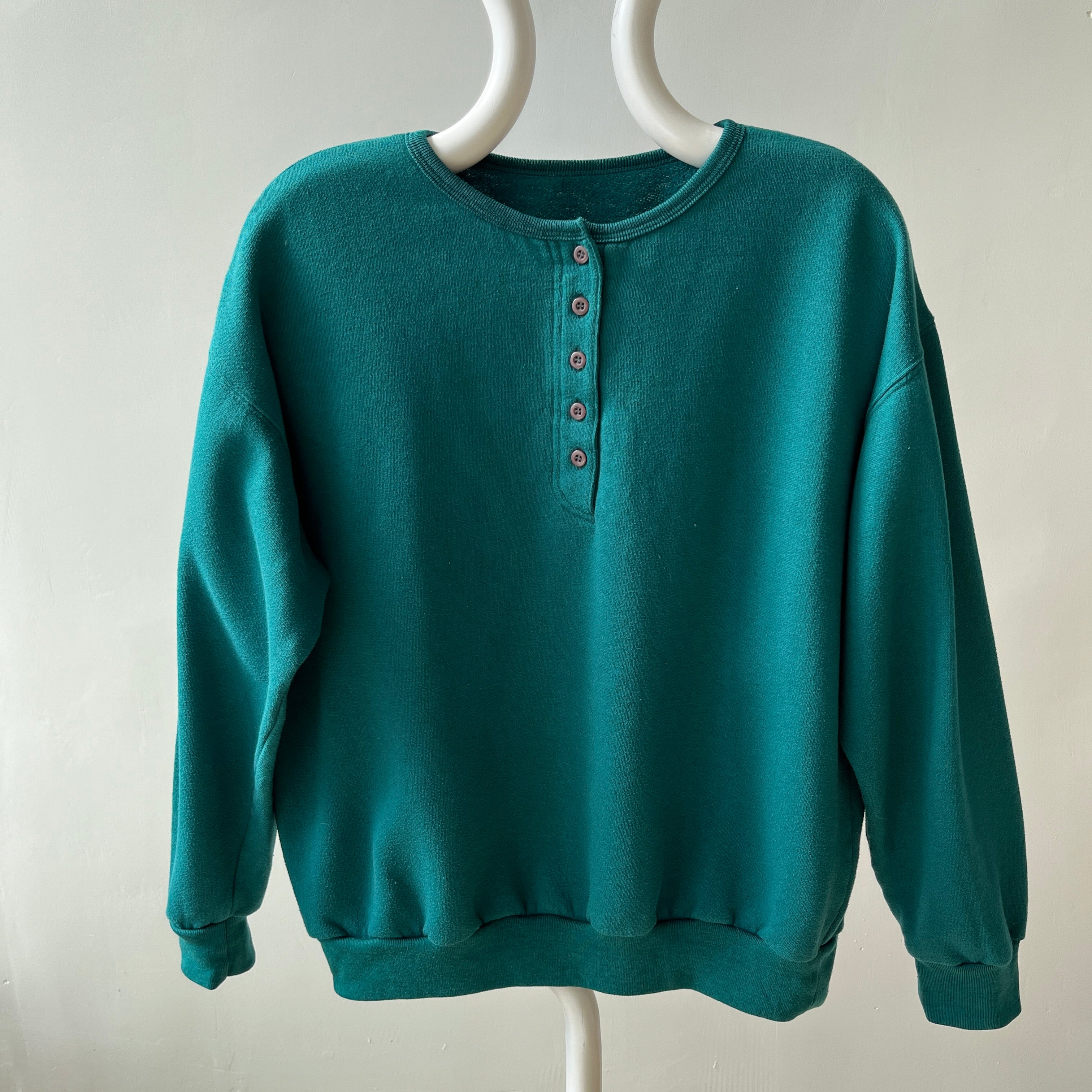 1980s Deep Teal Blue Green Henley Sweatshirt - Fun Fit