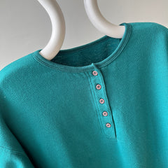 1980s Deep Teal Blue Green Henley Sweatshirt - Fun Fit