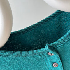 1980s Deep Teal Blue Green Henley Sweatshirt - Fun Fit