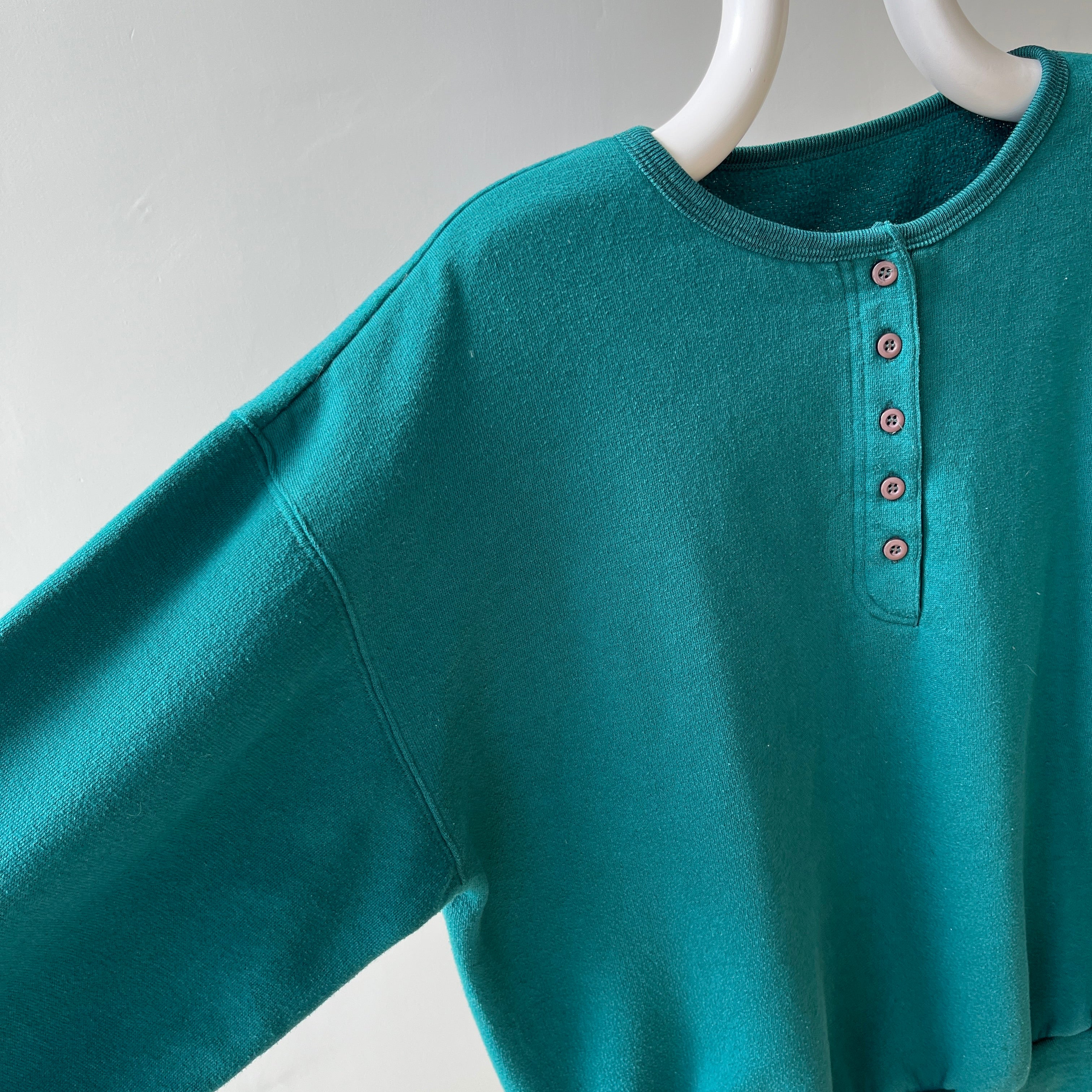 1980s Deep Teal Blue Green Henley Sweatshirt - Fun Fit