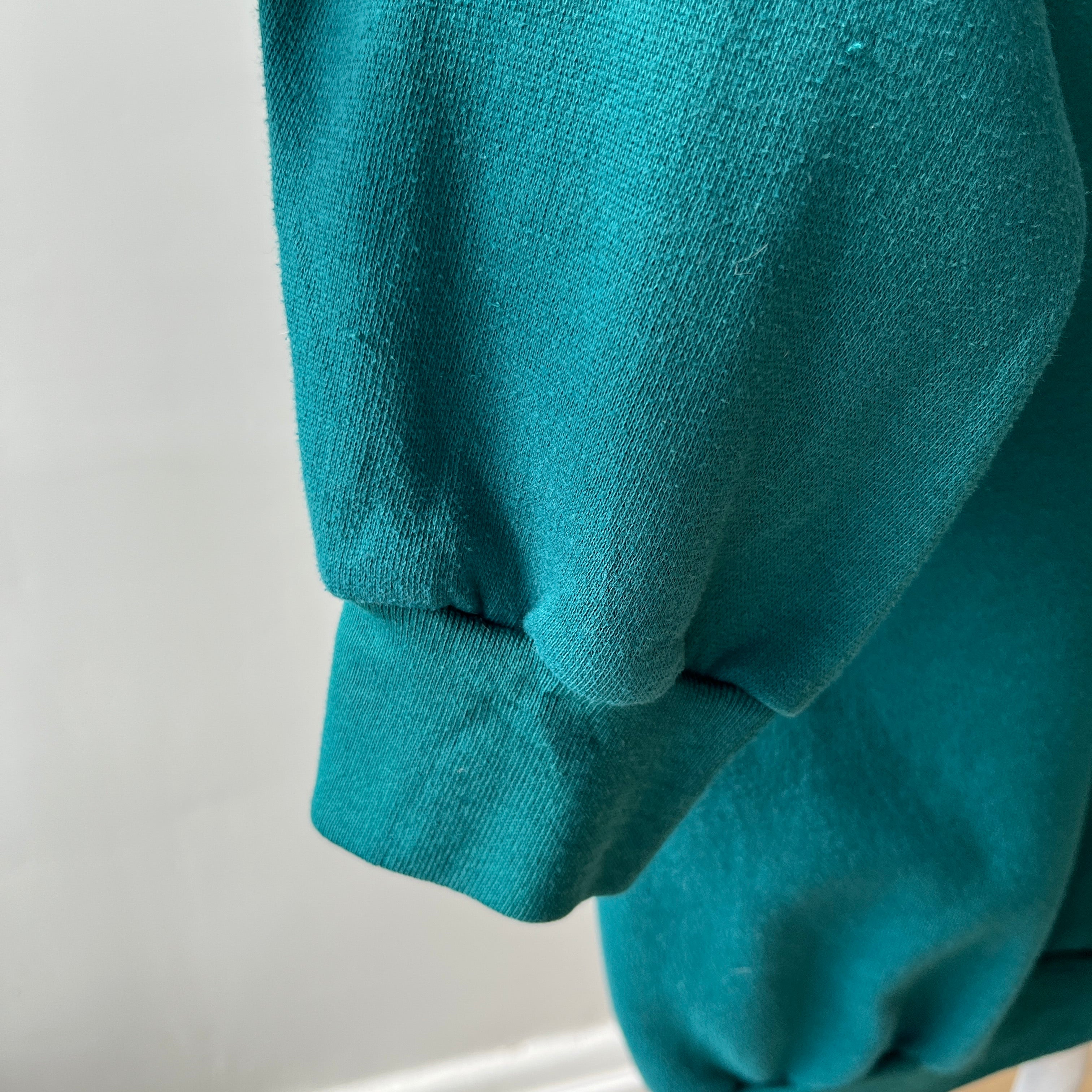 1980s Deep Teal Blue Green Henley Sweatshirt - Fun Fit