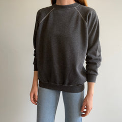 1980s Re Dyded Deep Gray Hanes Her Way Raglan Sweatshirt with White Contrast Stitching.