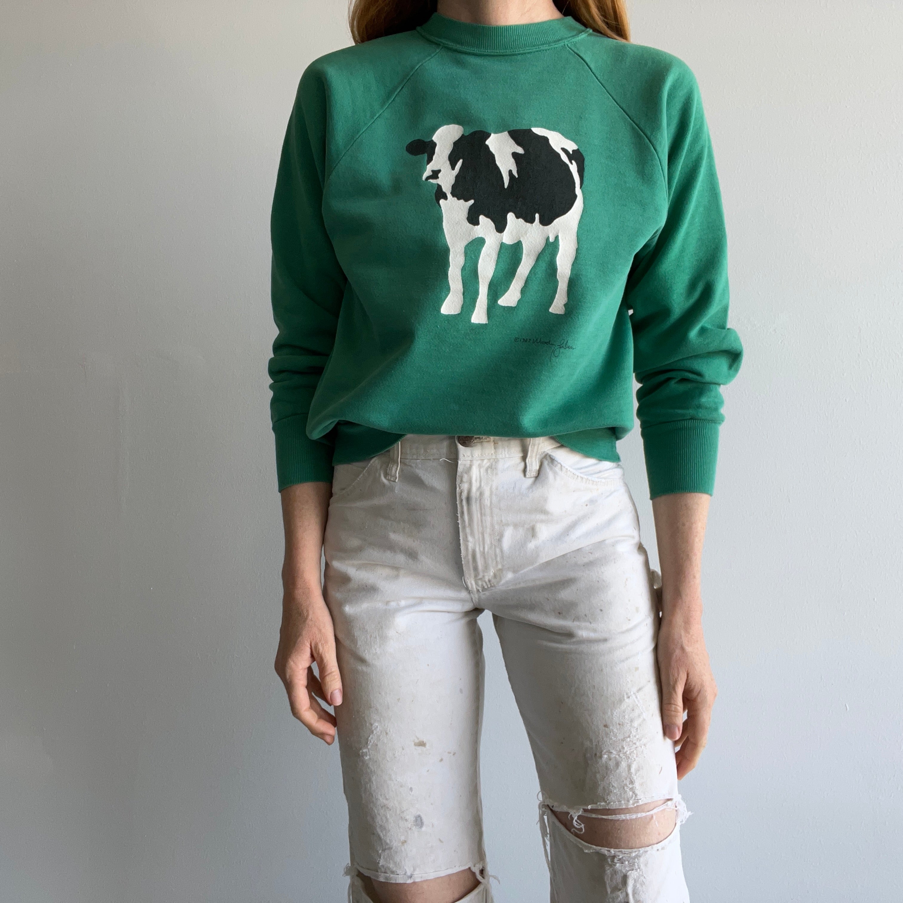 1983 Cow Sweatshirt with Bleach Staining