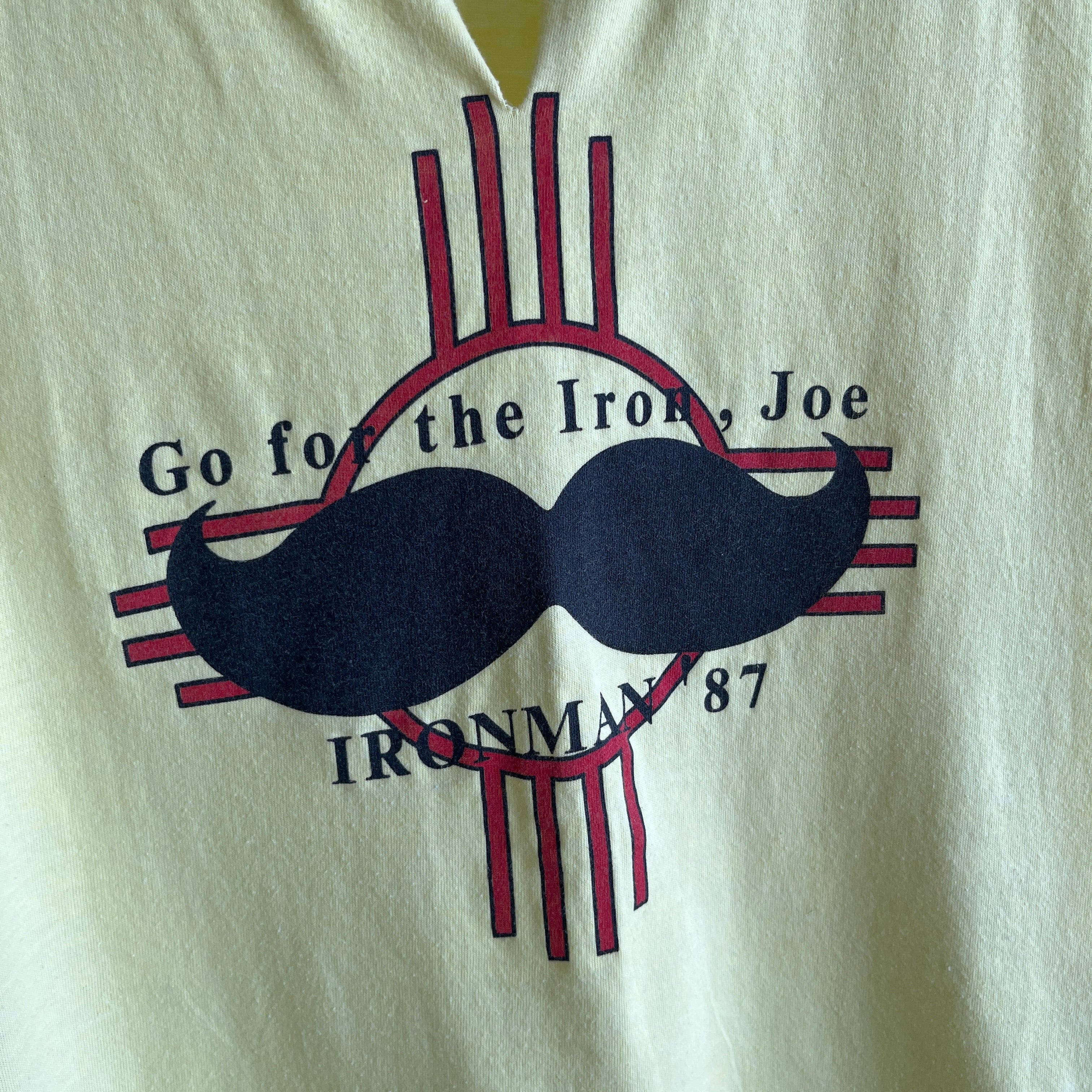 1987 Go for the Iron, Joe. Ironman '87 Cut Up T-Shirt