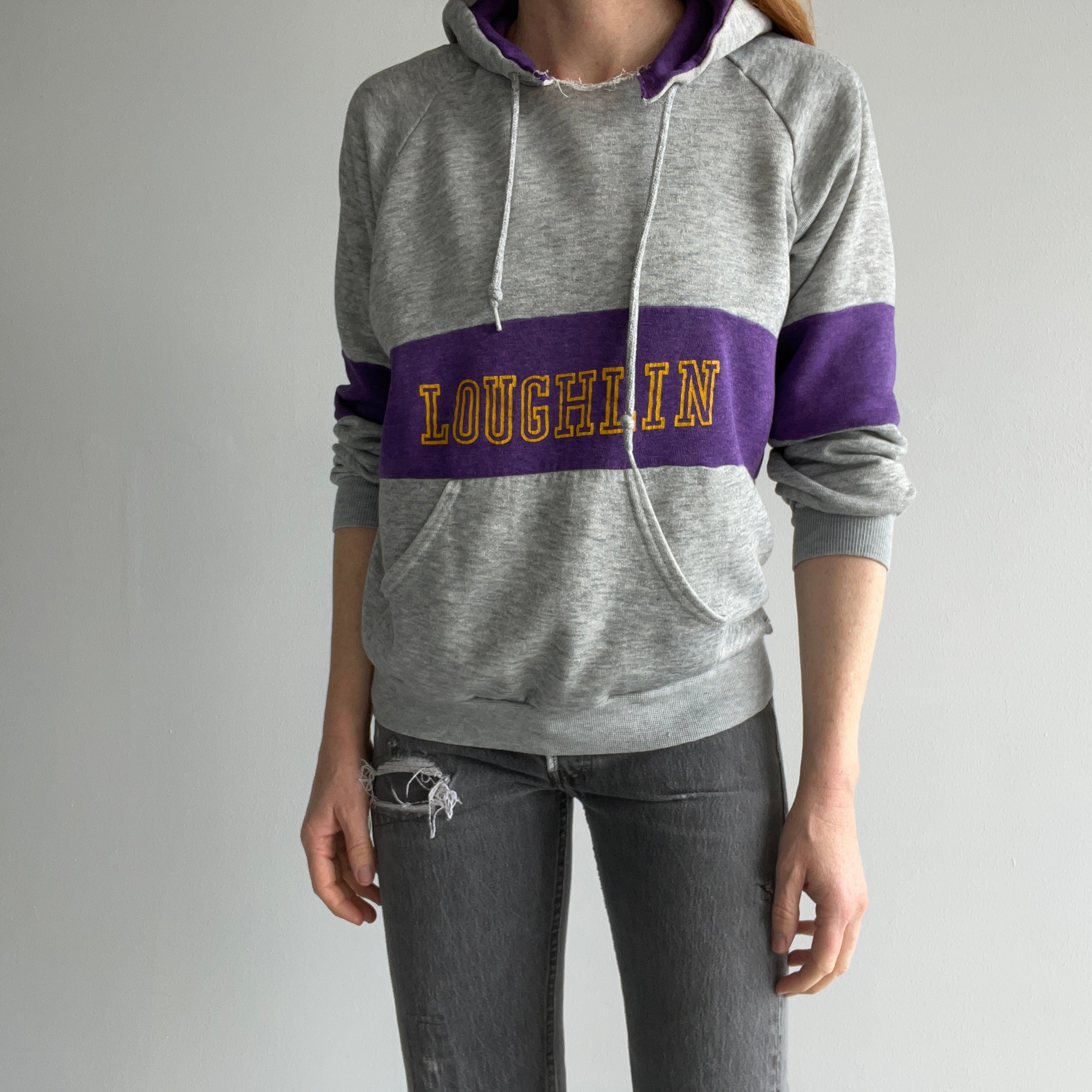 1980s Loughlin Thinned Out Bassett Walker Two Tone Hoodie with Wear