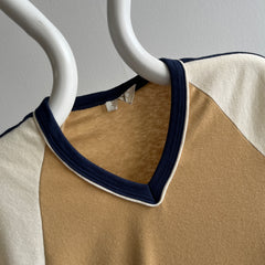 1970/80s Tri Colored Fitted V-Neck Ring T-Shirt - Jersey Knit