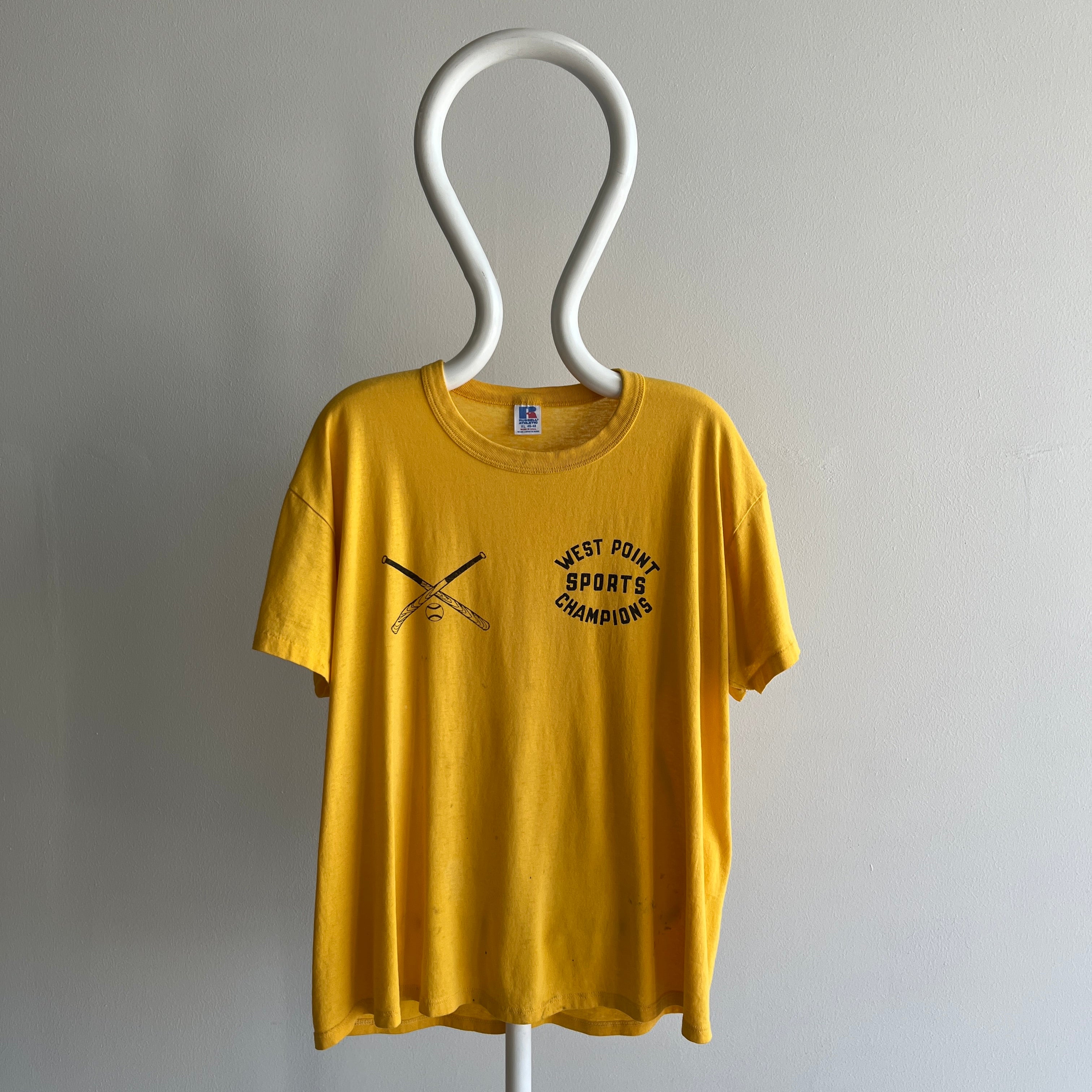 1980/90s West Point Sports Champions Super Stained T-Shirt with a Rolled Neck