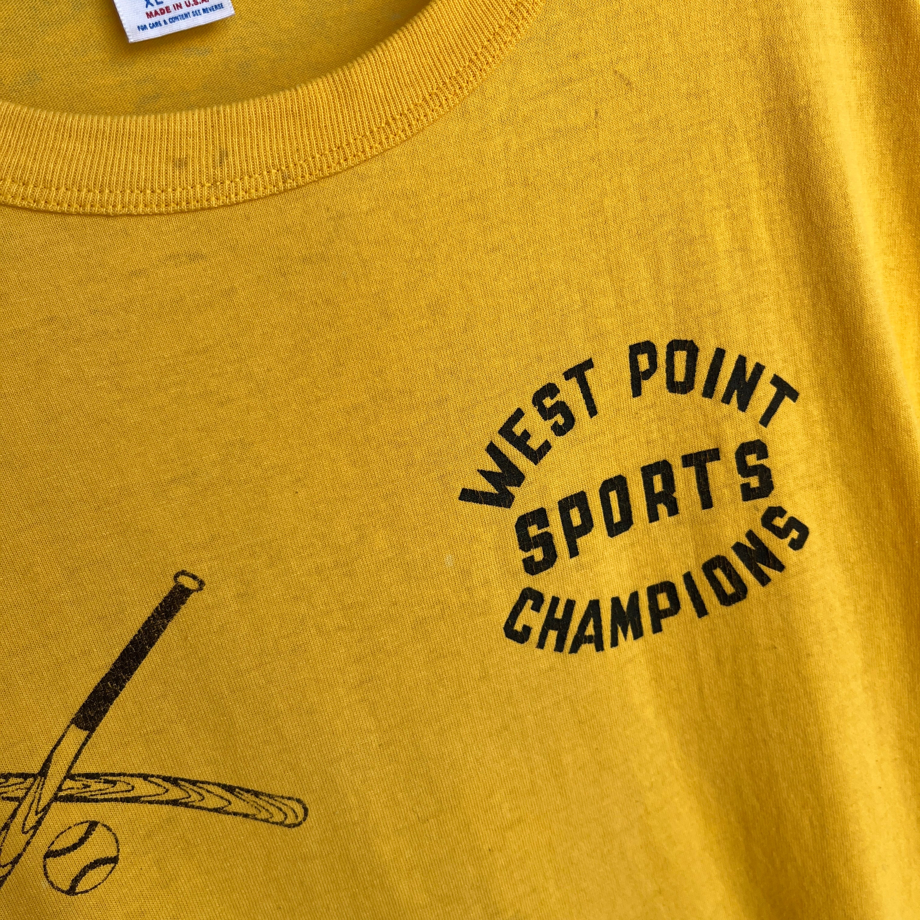 1980/90s West Point Sports Champions Super Stained T-Shirt with a Rolled Neck