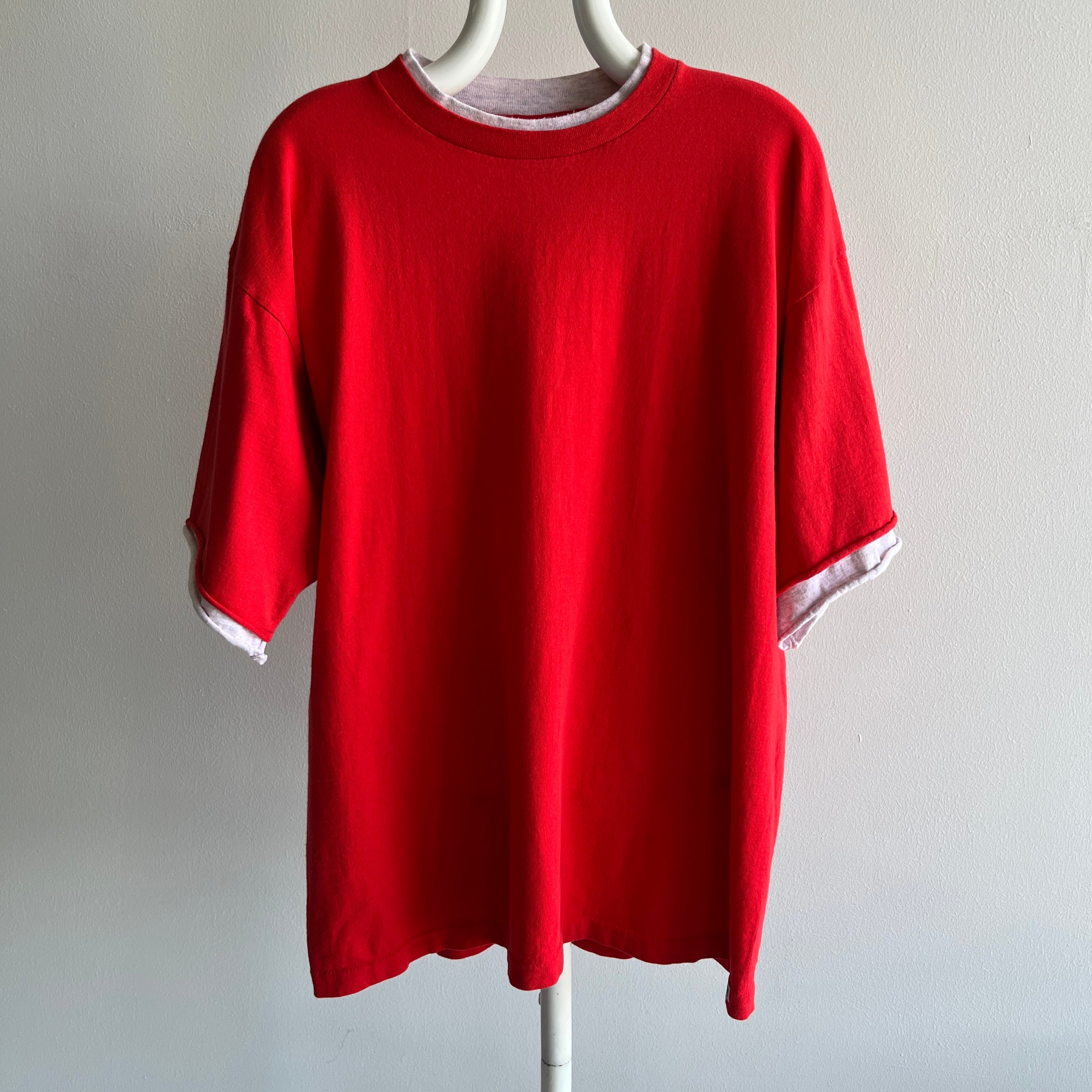 1990s Larger Blank Red Cotton T-Shirt with Two Tone Sleeves