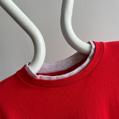 1990s Larger Blank Red Cotton T-Shirt with Two Tone Sleeves