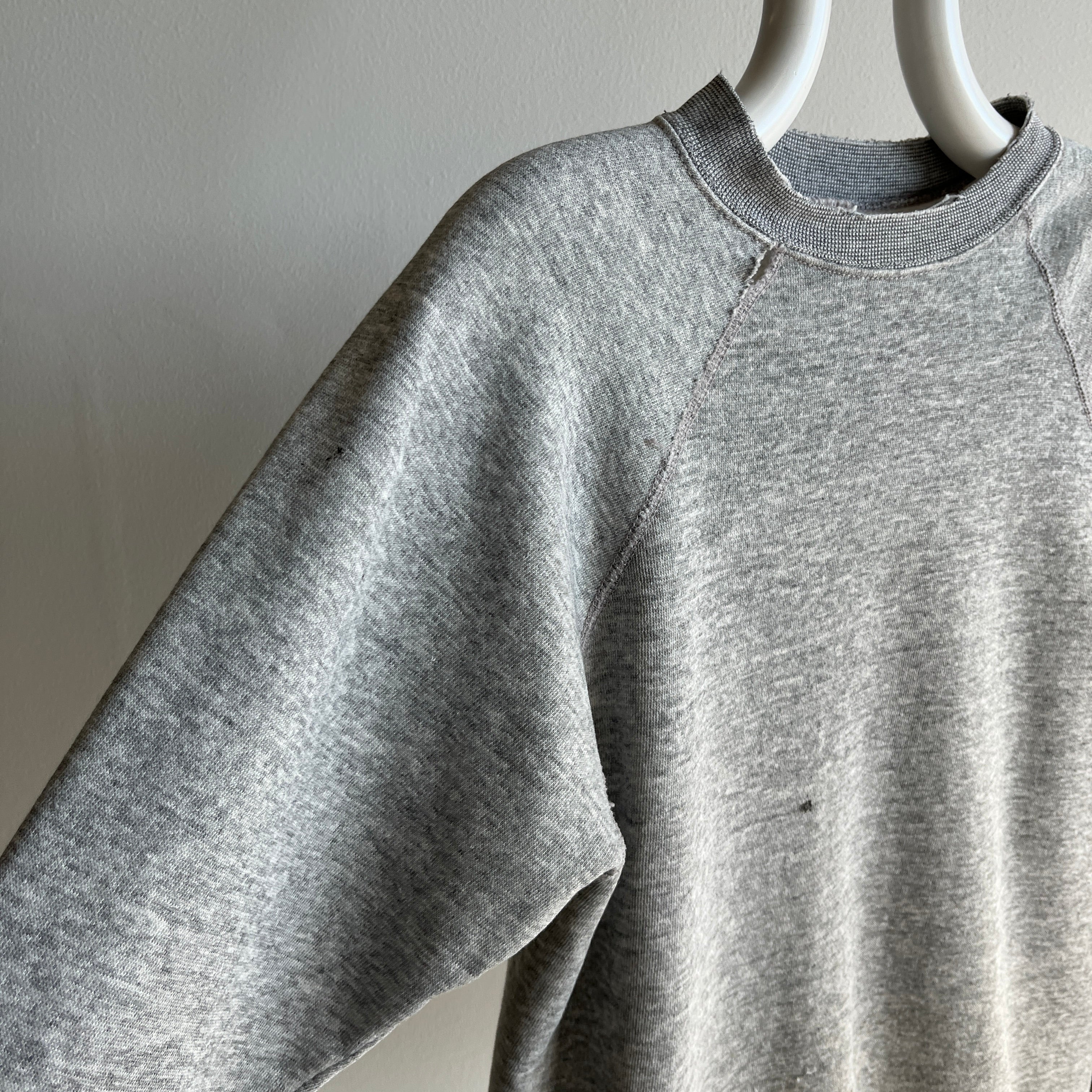 1980s Perfectly Tattered Split Collared Blank Gray Stained Sweatshirt