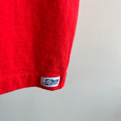 1990s Larger Blank Red Cotton T-Shirt with Two Tone Sleeves