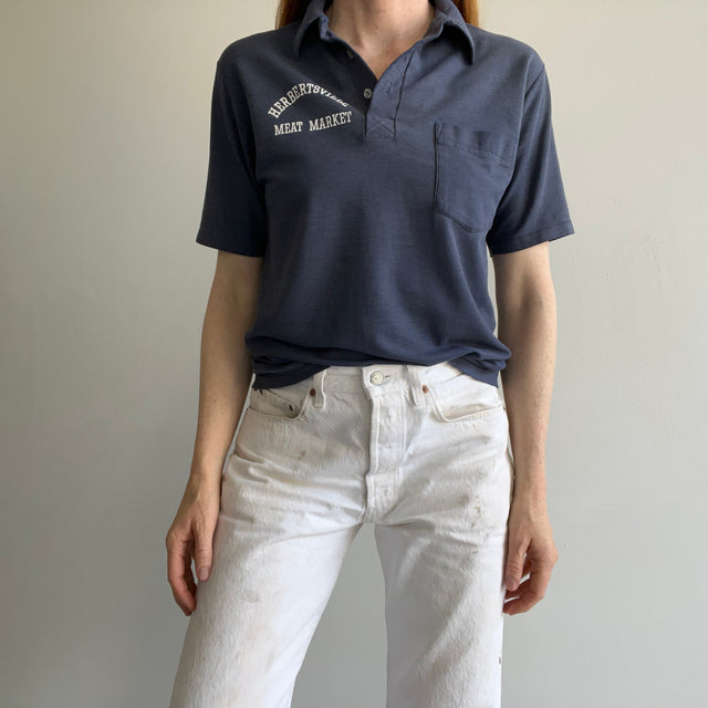 1970/80s Herbertsville Meat Market Extremely Sun Faded Polo Shirt