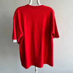 1990s Larger Blank Red Cotton T-Shirt with Two Tone Sleeves