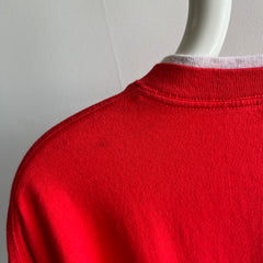 1990s Larger Blank Red Cotton T-Shirt with Two Tone Sleeves